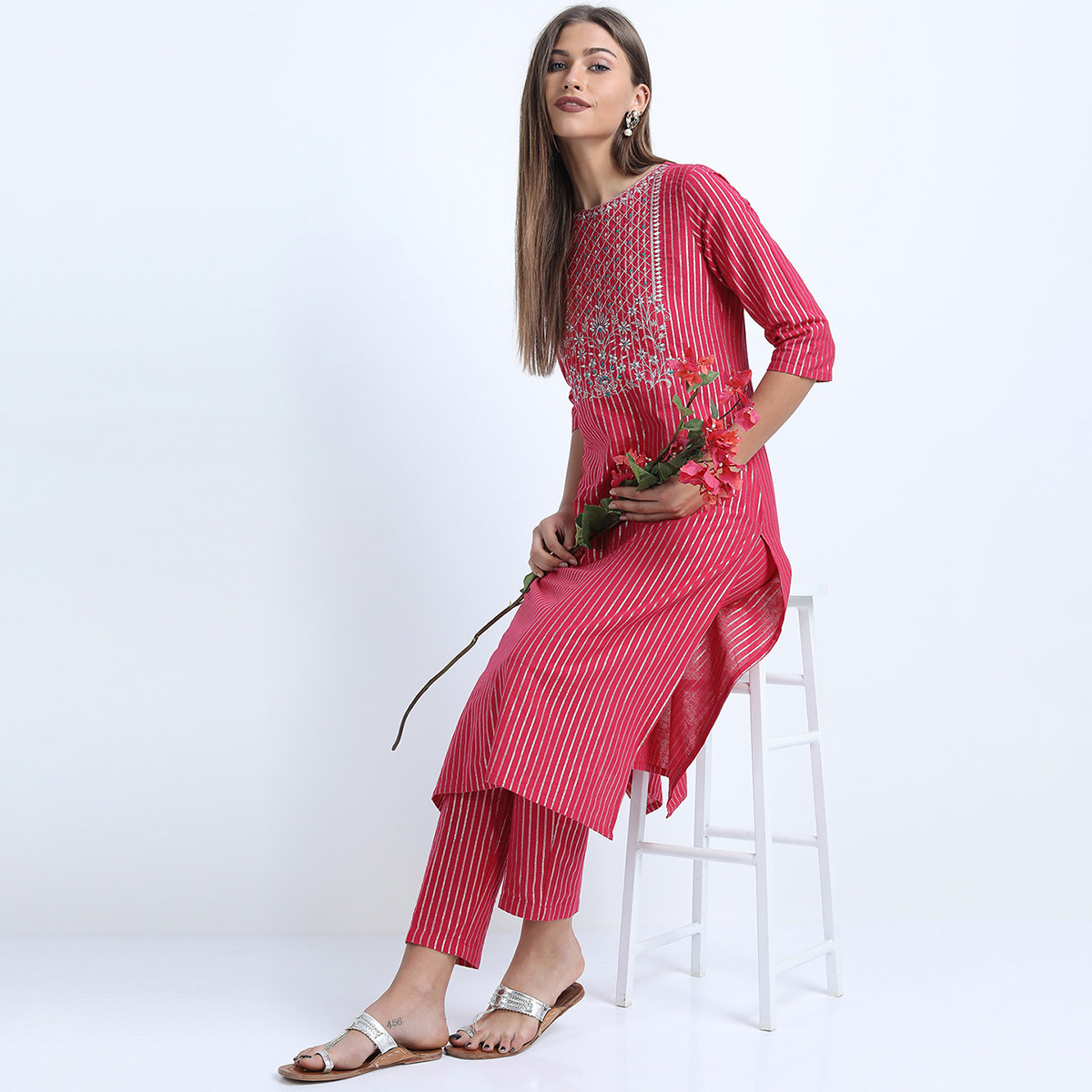 Set of 3 Vishudh Women Pink Striped Round Neck Kurta and Pant with Dupatta-women-clothing-ethnicwear-salwarsuits-image-2