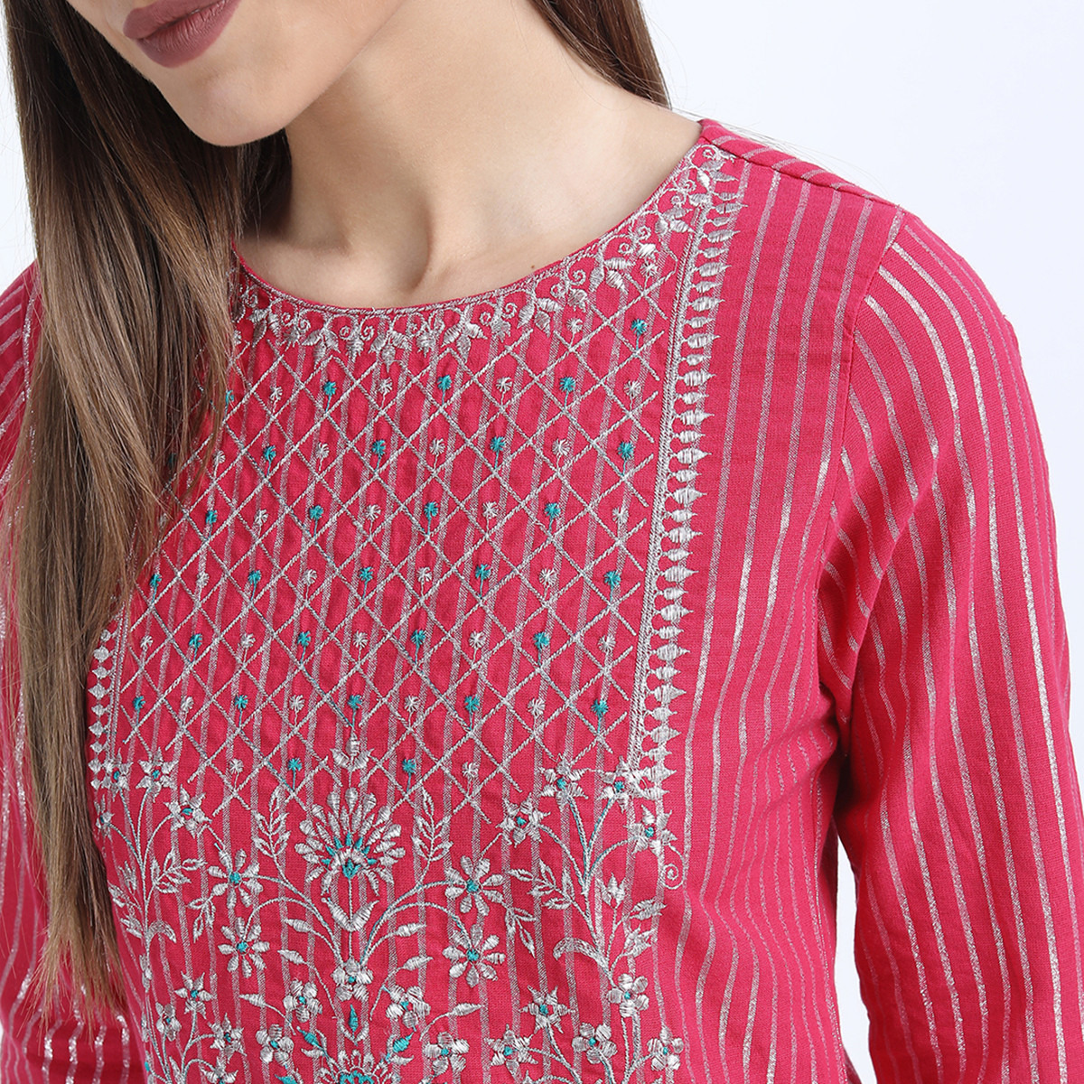 Set of 3 Vishudh Women Pink Striped Round Neck Kurta and Pant with Dupatta-women-clothing-ethnicwear-salwarsuits-image-5