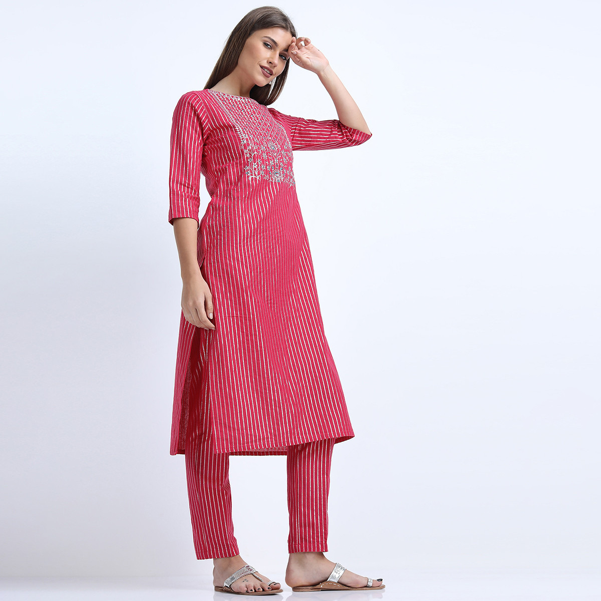 Set of 3 Vishudh Women Pink Striped Round Neck Kurta and Pant with Dupatta-women-clothing-ethnicwear-salwarsuits-image-6
