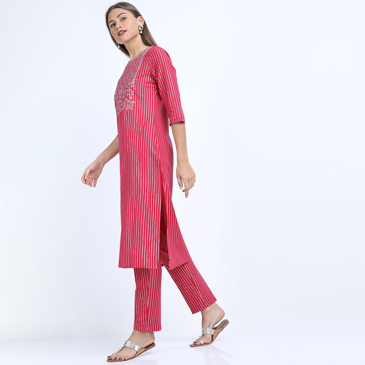 Set of 3 Vishudh Women Pink Striped Round Neck Kurta and Pant with Dupatta-women-clothing-ethnicwear-salwarsuits-image-8