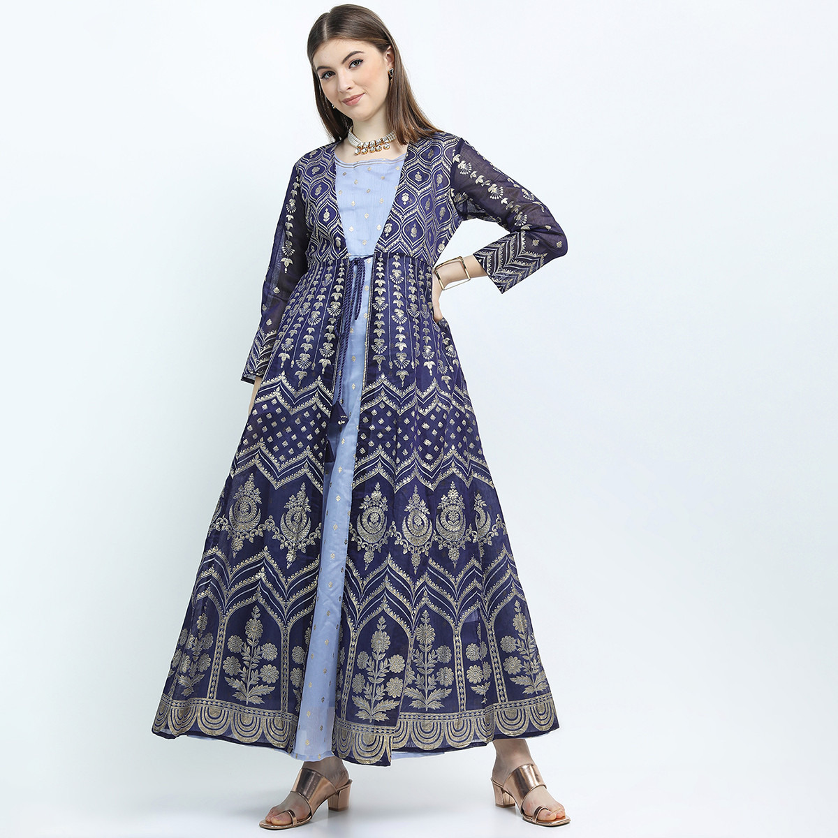 Set of 2 Vishudh Women Blue Printed Sleeveless A-Line Dress with Jacket-women-clothing-ethnicwear-dresses-image-1