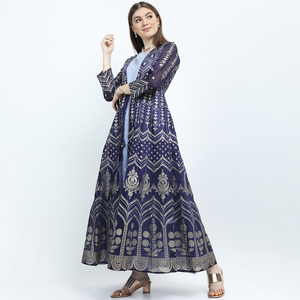 Set of 2 Vishudh Women Blue Printed Sleeveless A-Line Dress with Jacket-women-clothing-ethnicwear-dresses-image-2