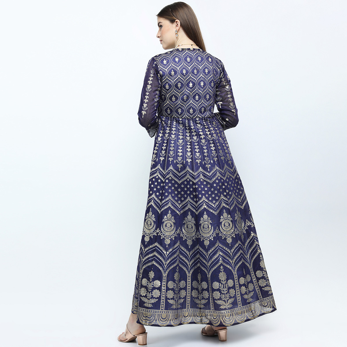 Set of 2 Vishudh Women Blue Printed Sleeveless A-Line Dress with Jacket-women-clothing-ethnicwear-dresses-image-3