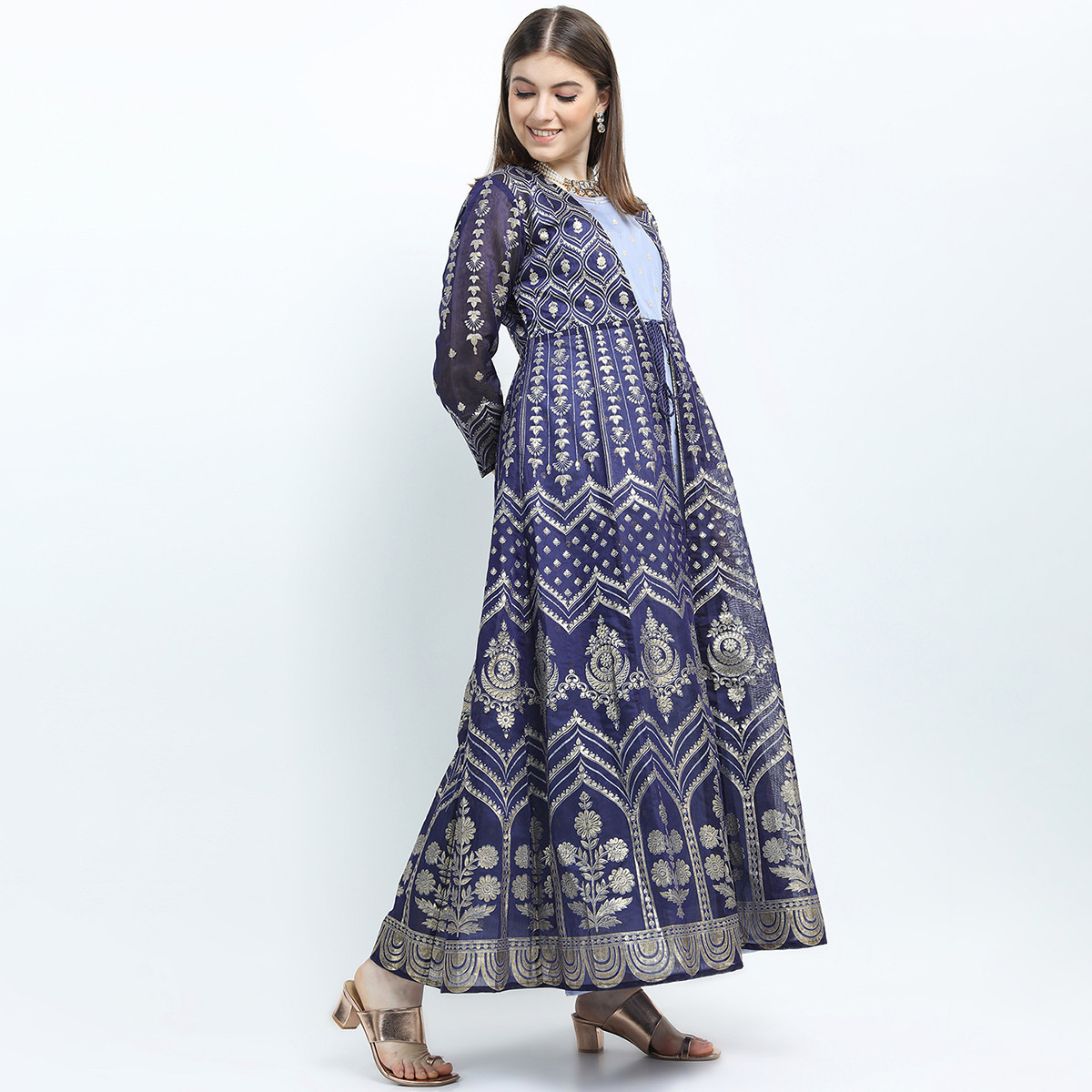 Set of 2 Vishudh Women Blue Printed Sleeveless A-Line Dress with Jacket-women-clothing-ethnicwear-dresses-image-5