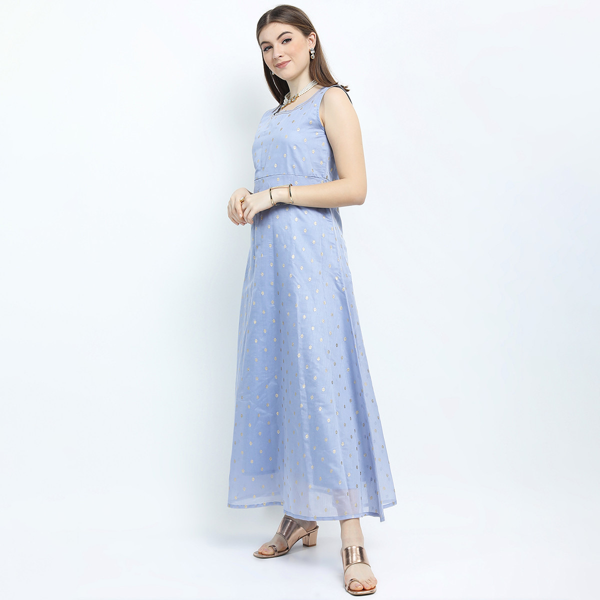 Set of 2 Vishudh Women Blue Printed Sleeveless A-Line Dress with Jacket-women-clothing-ethnicwear-dresses-image-6
