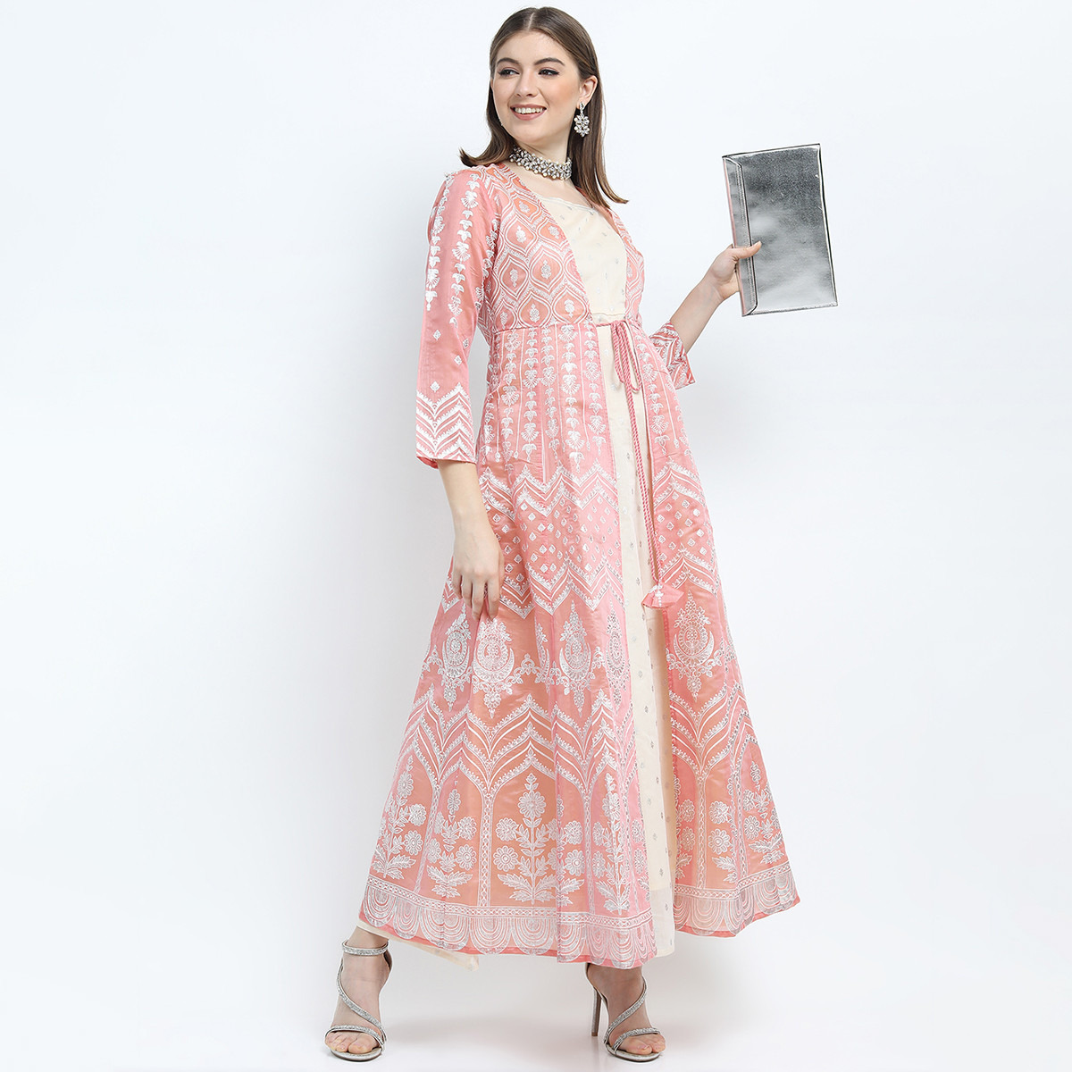 Set of 2 Vishudh Women Peach Printed Sleeveless A-Line Dress with Jacket-women-clothing-ethnicwear-dresses-image-1