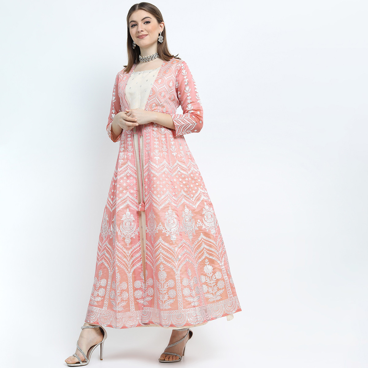 Set of 2 Vishudh Women Peach Printed Sleeveless A-Line Dress with Jacket-women-clothing-ethnicwear-dresses-image-2