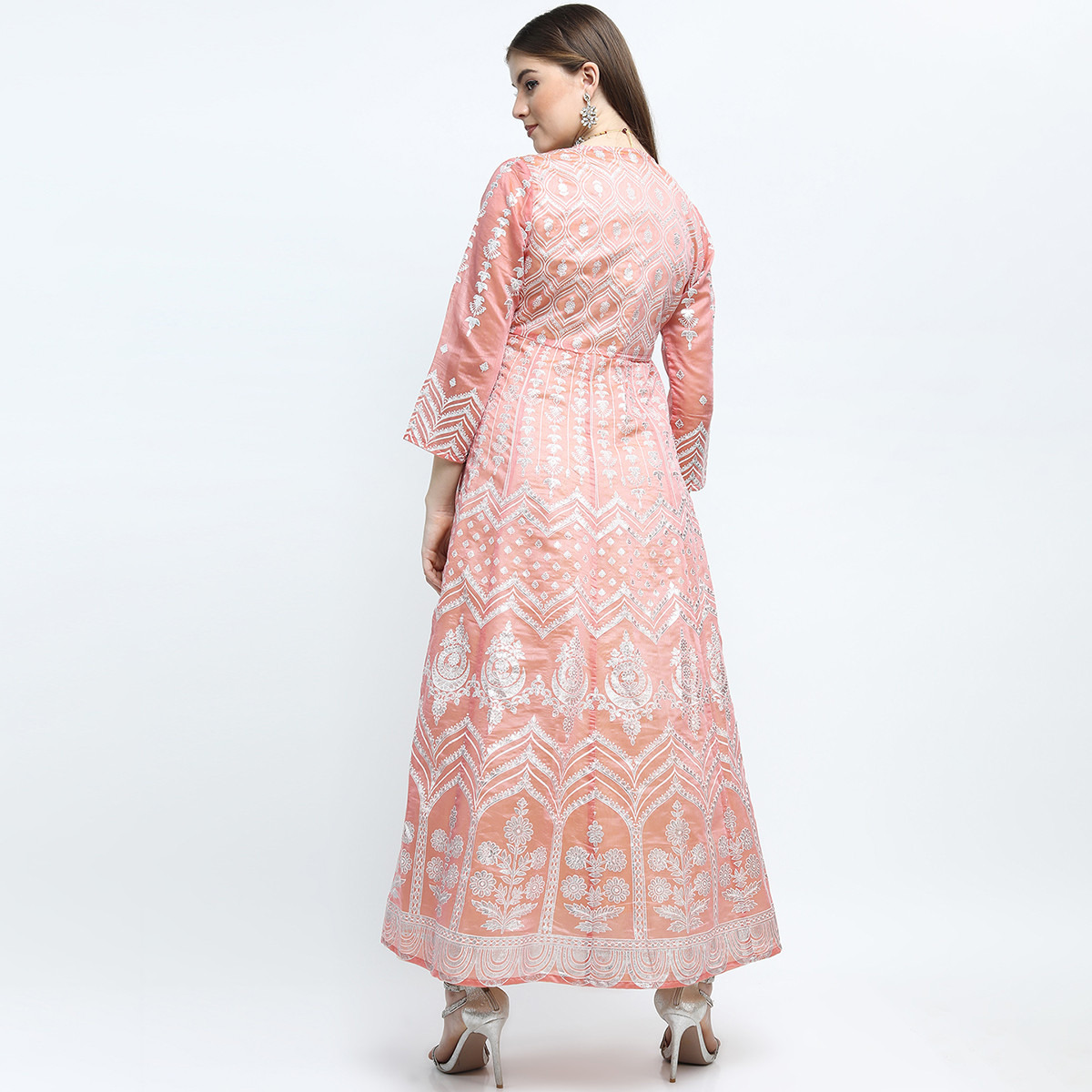 Set of 2 Vishudh Women Peach Printed Sleeveless A-Line Dress with Jacket-women-clothing-ethnicwear-dresses-image-3
