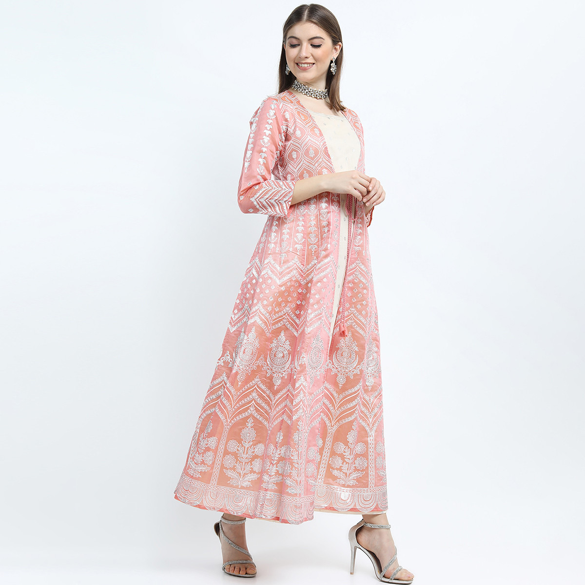 Set of 2 Vishudh Women Peach Printed Sleeveless A-Line Dress with Jacket-women-clothing-ethnicwear-dresses-image-5