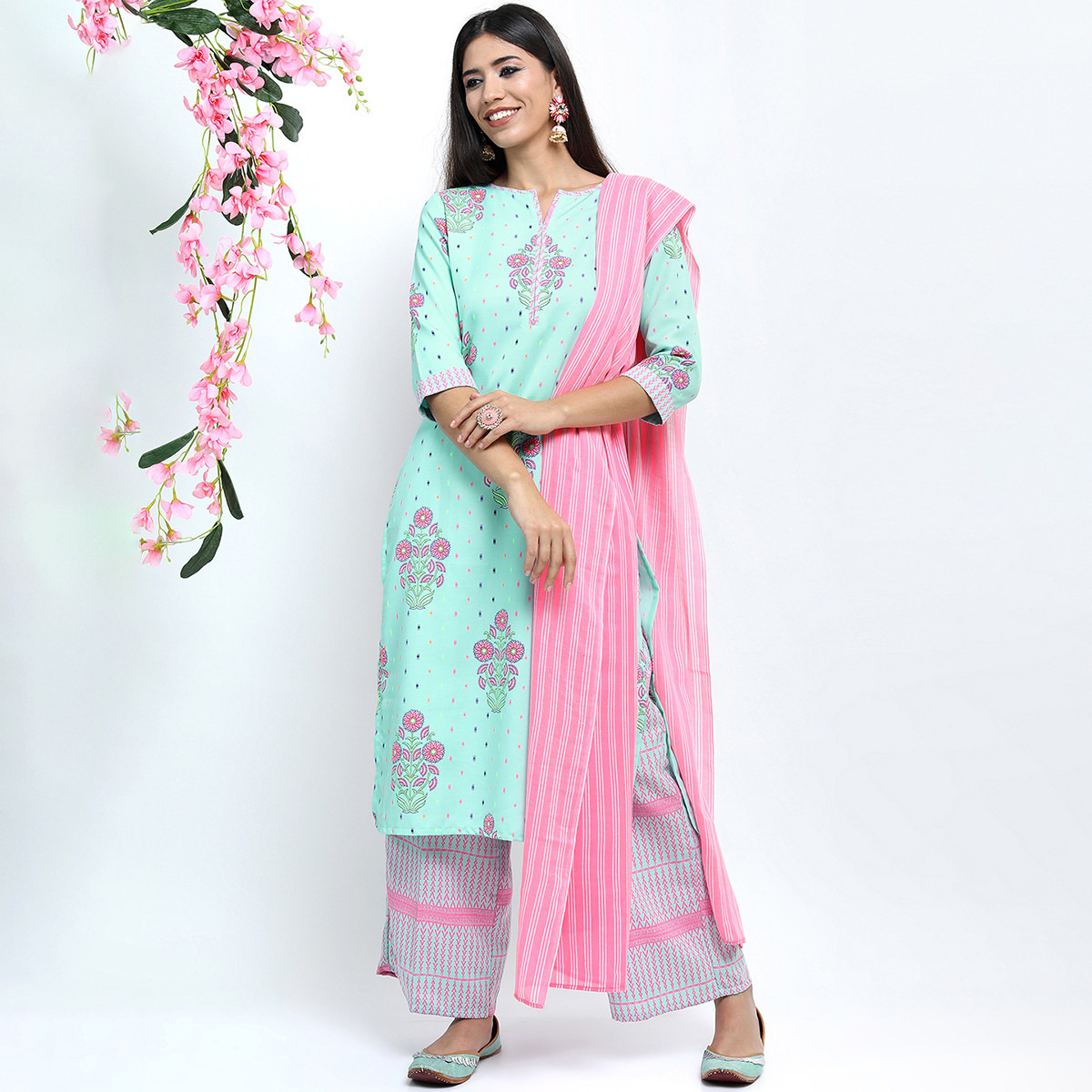 Set of 3 Vishudh Women Blue Floral Round Neck Kurta and Palazzo with Dupatta-women-clothing-ethnicwear-salwarsuits-image-1
