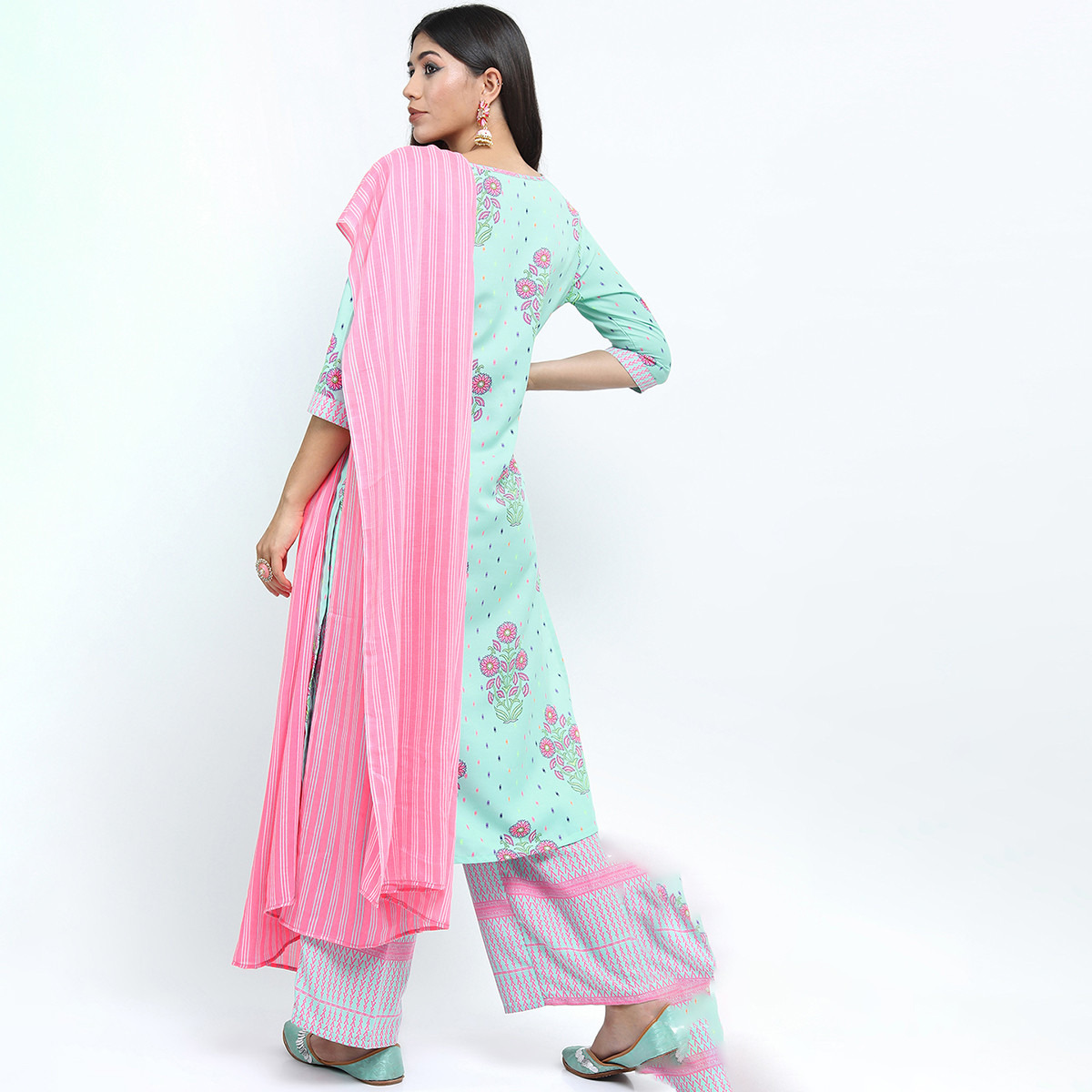 Set of 3 Vishudh Women Blue Floral Round Neck Kurta and Palazzo with Dupatta-women-clothing-ethnicwear-salwarsuits-image-3