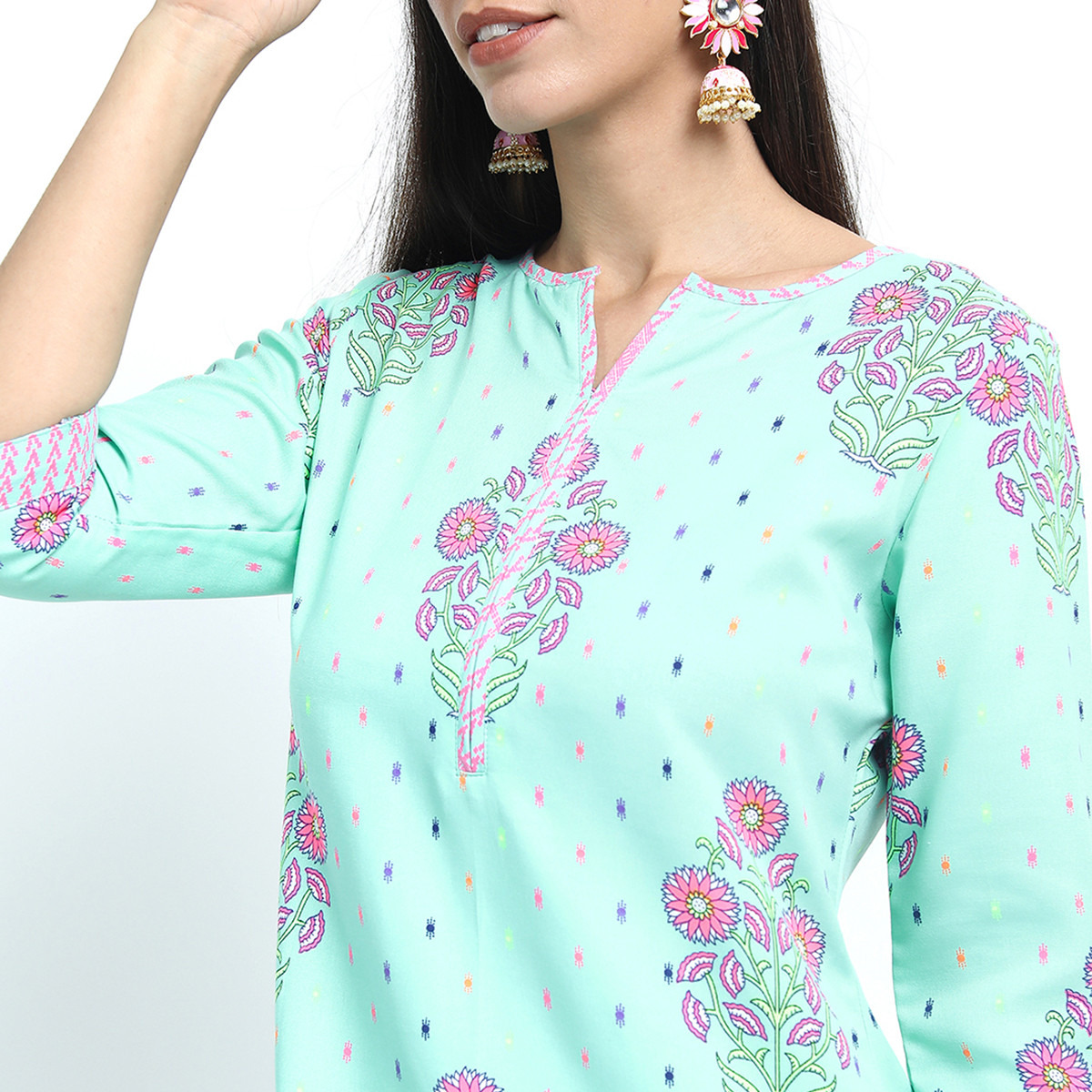 Set of 3 Vishudh Women Blue Floral Round Neck Kurta and Palazzo with Dupatta-women-clothing-ethnicwear-salwarsuits-image-4