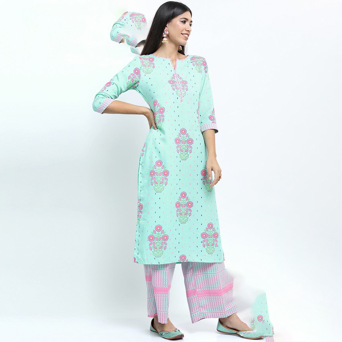 Set of 3 Vishudh Women Blue Floral Round Neck Kurta and Palazzo with Dupatta-women-clothing-ethnicwear-salwarsuits-image-5