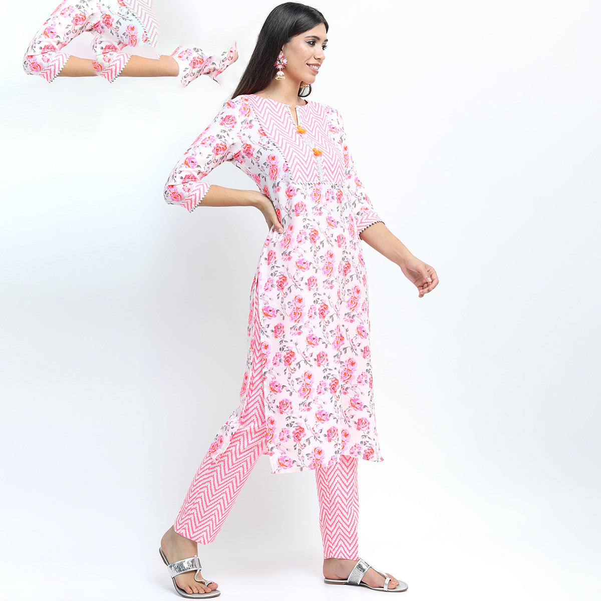 مجموعة من قطعتين كورتا مطبوع الأزهار وبنطلون بالازو مع دوباتا للنساء من فيشوده -women-clothing-ethnicwear-salwarsuits-image-6