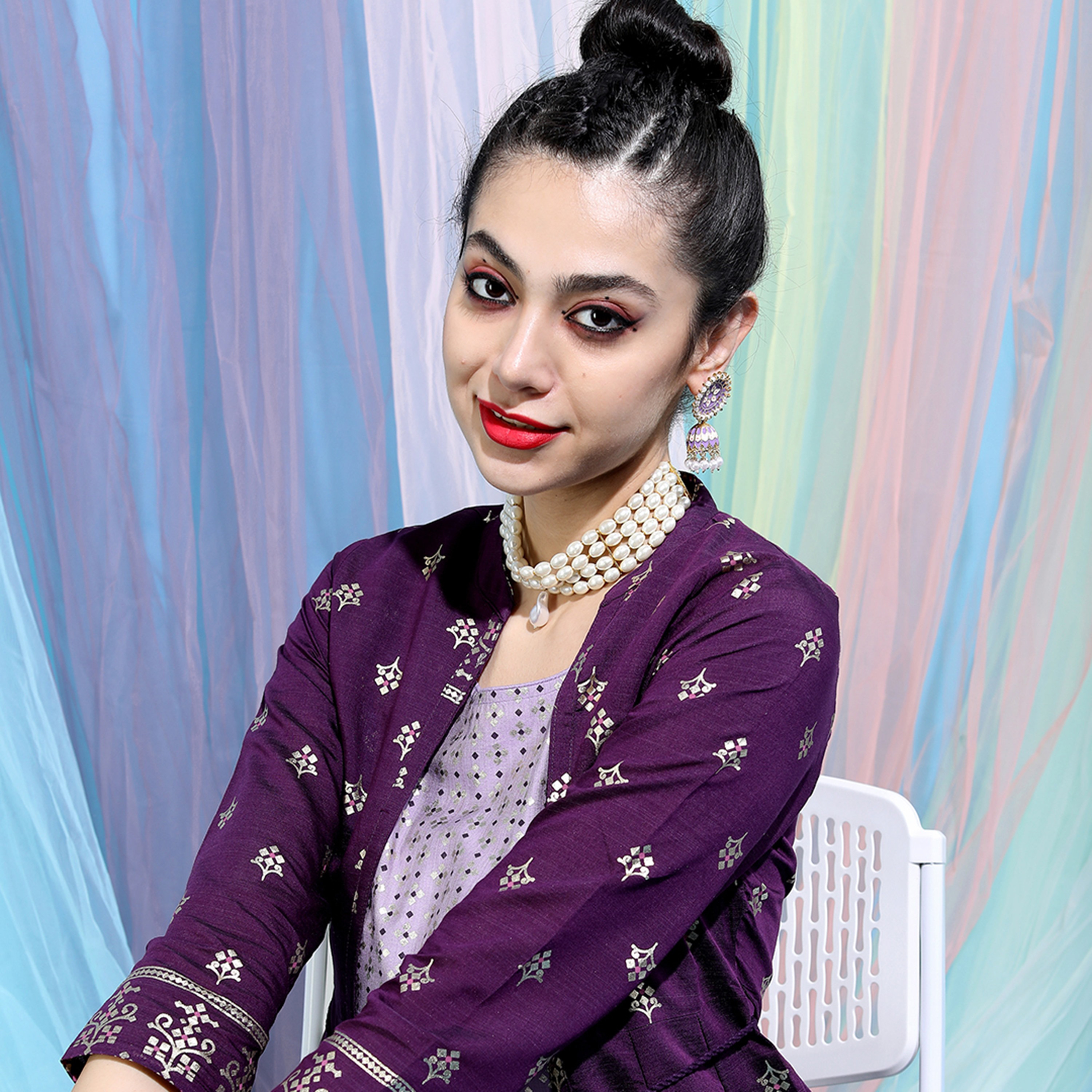 مجموعة من 3 قطعات كورتا برقبة دائرية مطبوعة مع سروال سادة وجاكيت من فيشوده -women-clothing-ethnicwear-salwarsuits-image-7
