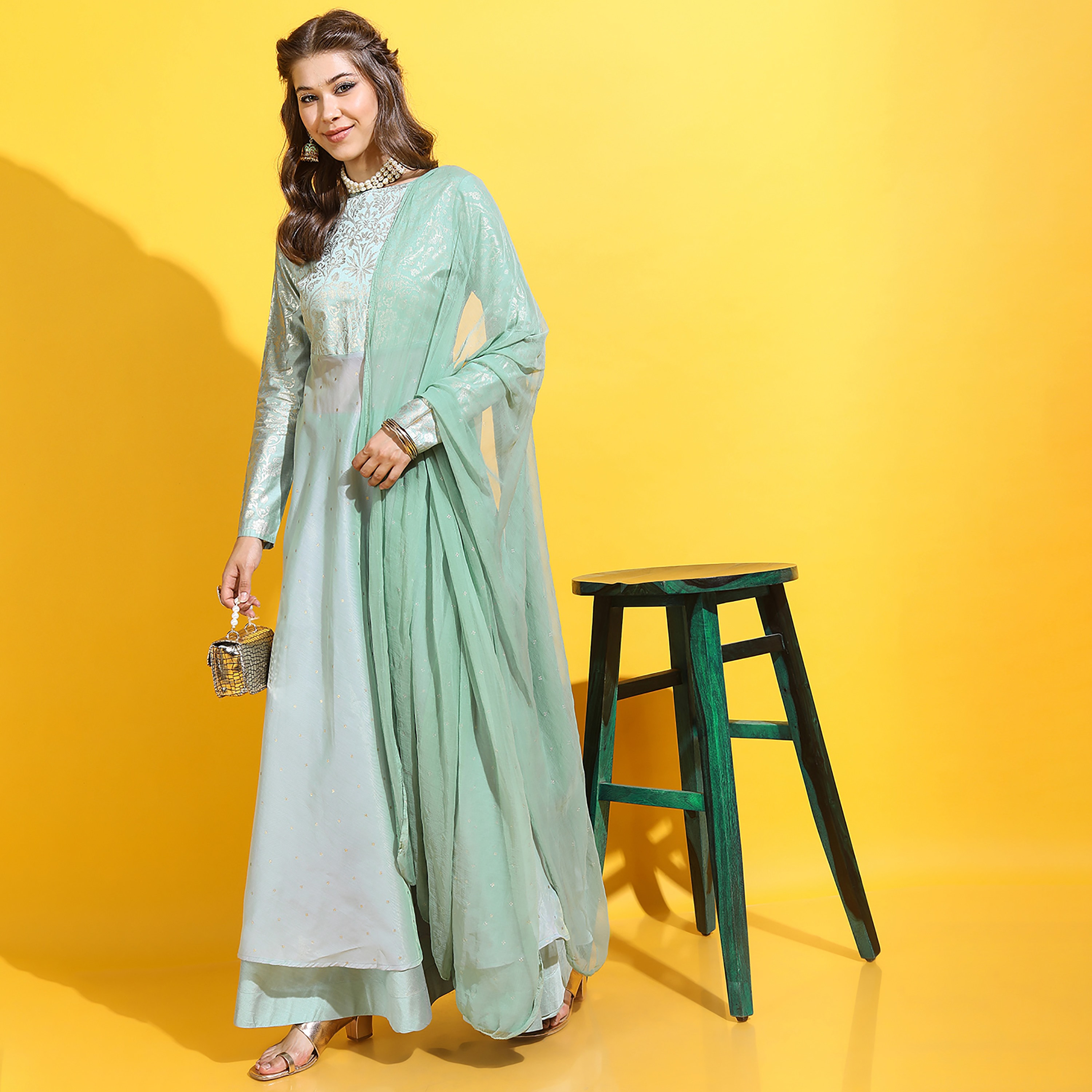 Set of 3 Vishudh Printed Round Neck A-Line Kurta with Plain Skirt and Dupatta-women-clothing-ethnicwear-salwarsuits-image-1