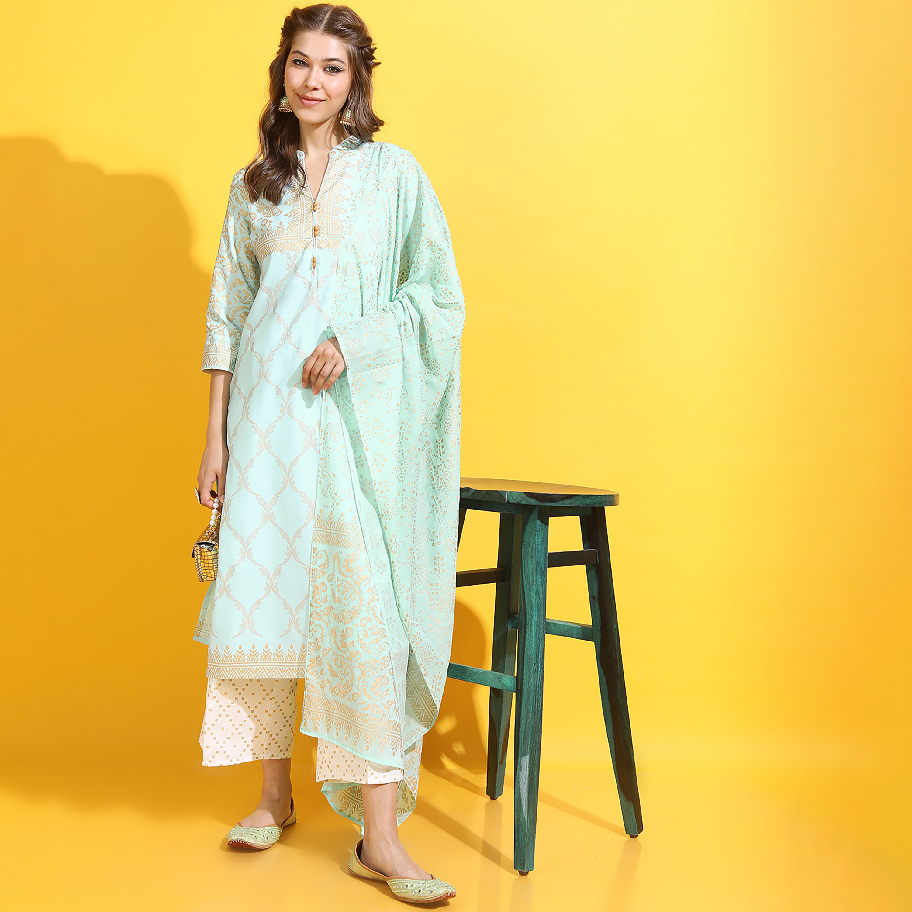 Set of 2 Vishudh Printed Mandarin Collar Straight Kurta with Printed Palazzo and Dupatta-women-clothing-ethnicwear-salwarsuits-image-1
