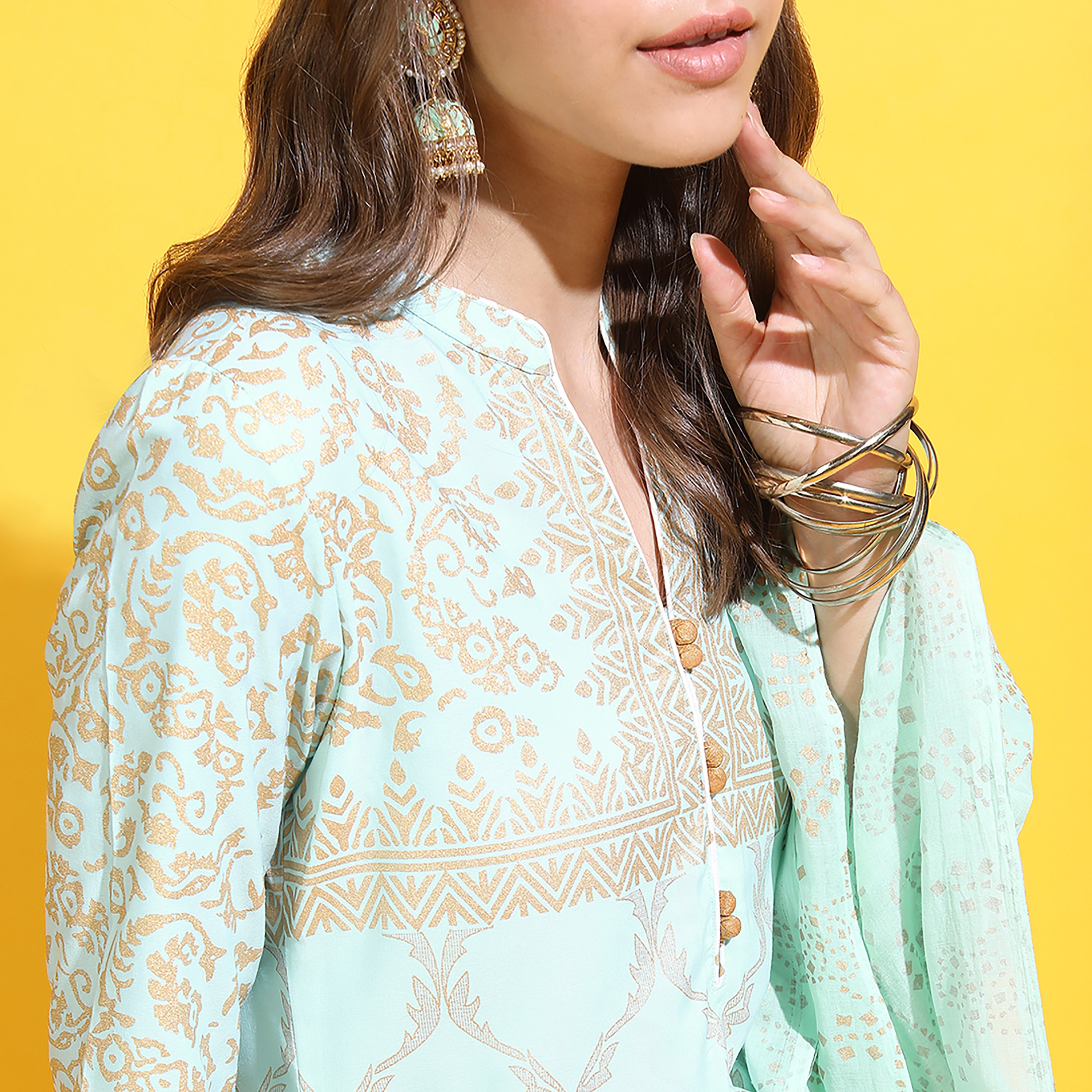 Set of 2 Vishudh Printed Mandarin Collar Straight Kurta with Printed Palazzo and Dupatta-women-clothing-ethnicwear-salwarsuits-image-2