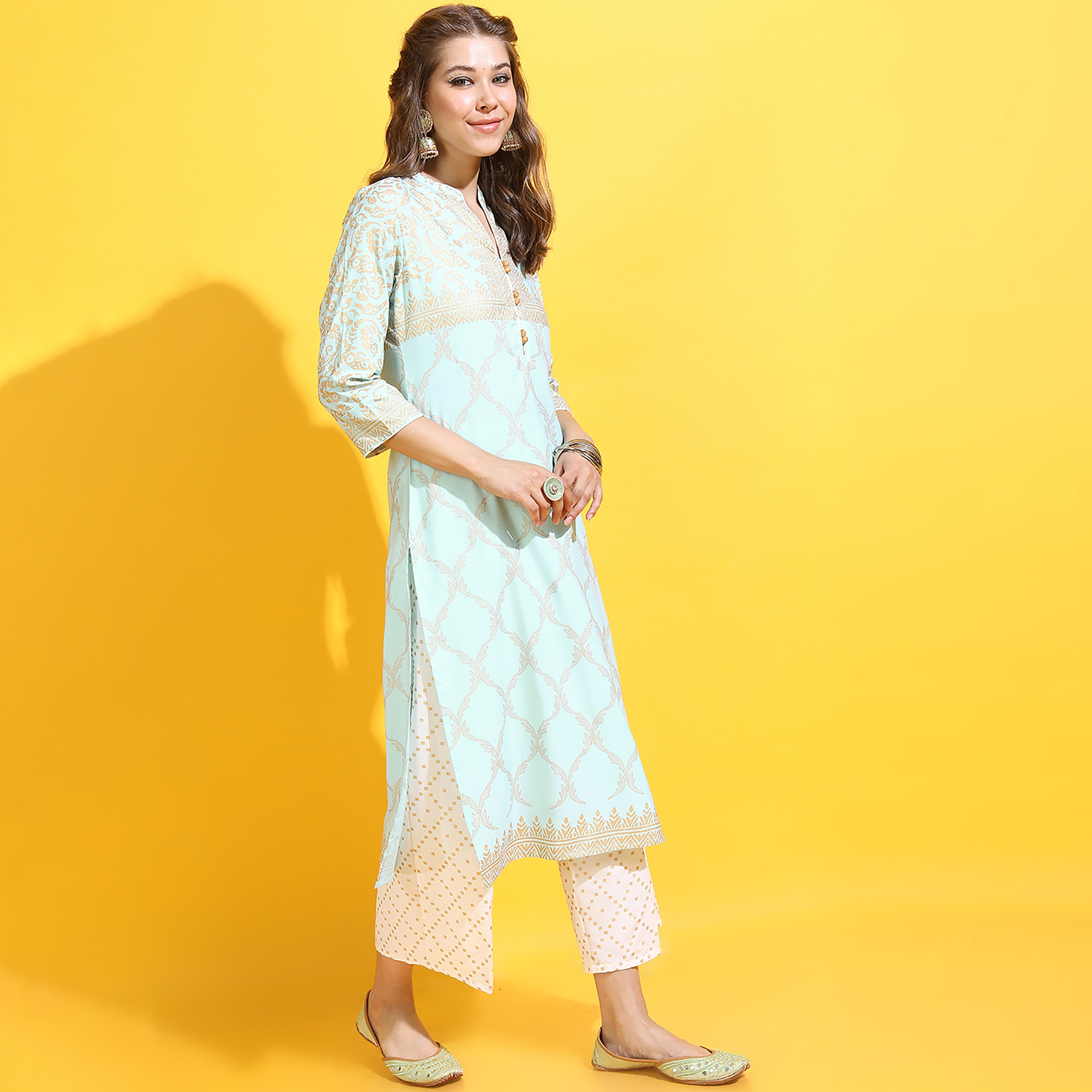 Set of 2 Vishudh Printed Mandarin Collar Straight Kurta with Printed Palazzo and Dupatta-women-clothing-ethnicwear-salwarsuits-image-4