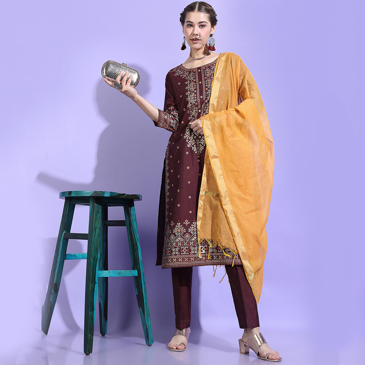 Set of 3 Vishudh Women Burgundy Printed Straight Kurta with Palazzo and Dupatta-women-clothing-ethnicwear-salwarsuits-image-1