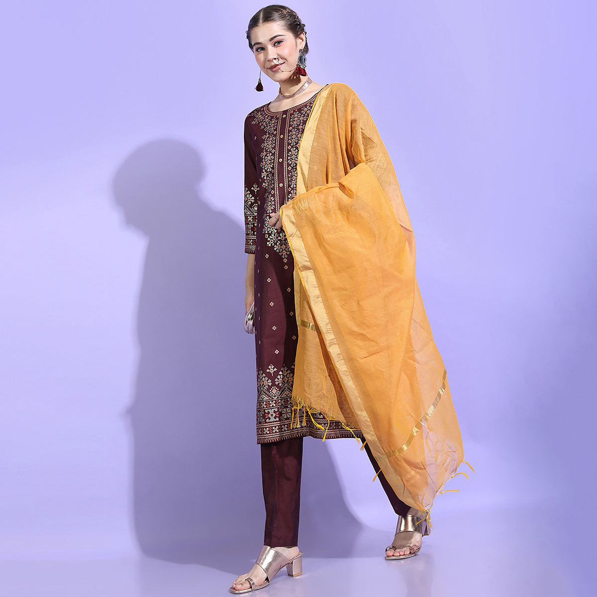 Set of 3 Vishudh Women Burgundy Printed Straight Kurta with Palazzo and Dupatta-women-clothing-ethnicwear-salwarsuits-image-2