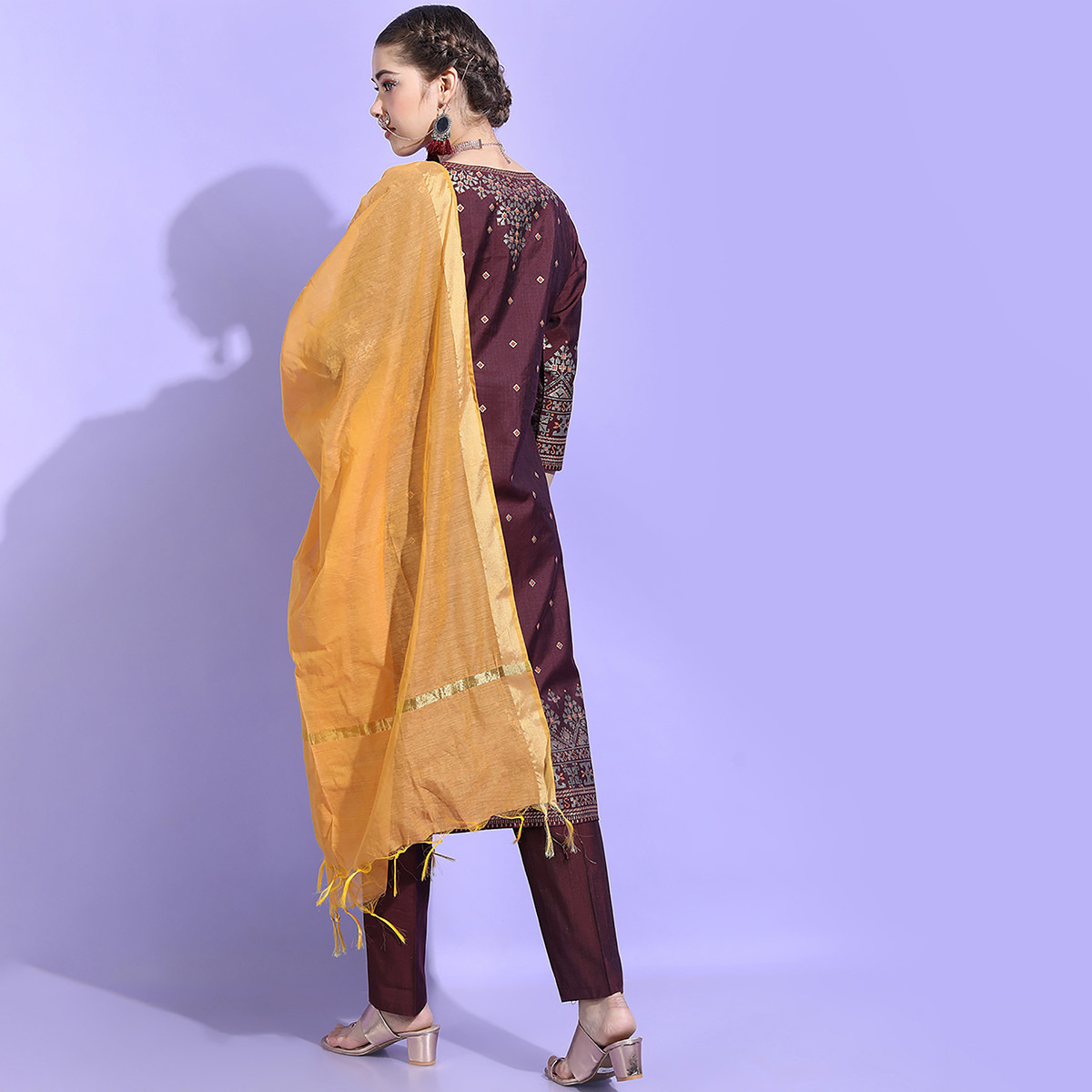 Set of 3 Vishudh Women Burgundy Printed Straight Kurta with Palazzo and Dupatta-women-clothing-ethnicwear-salwarsuits-image-3