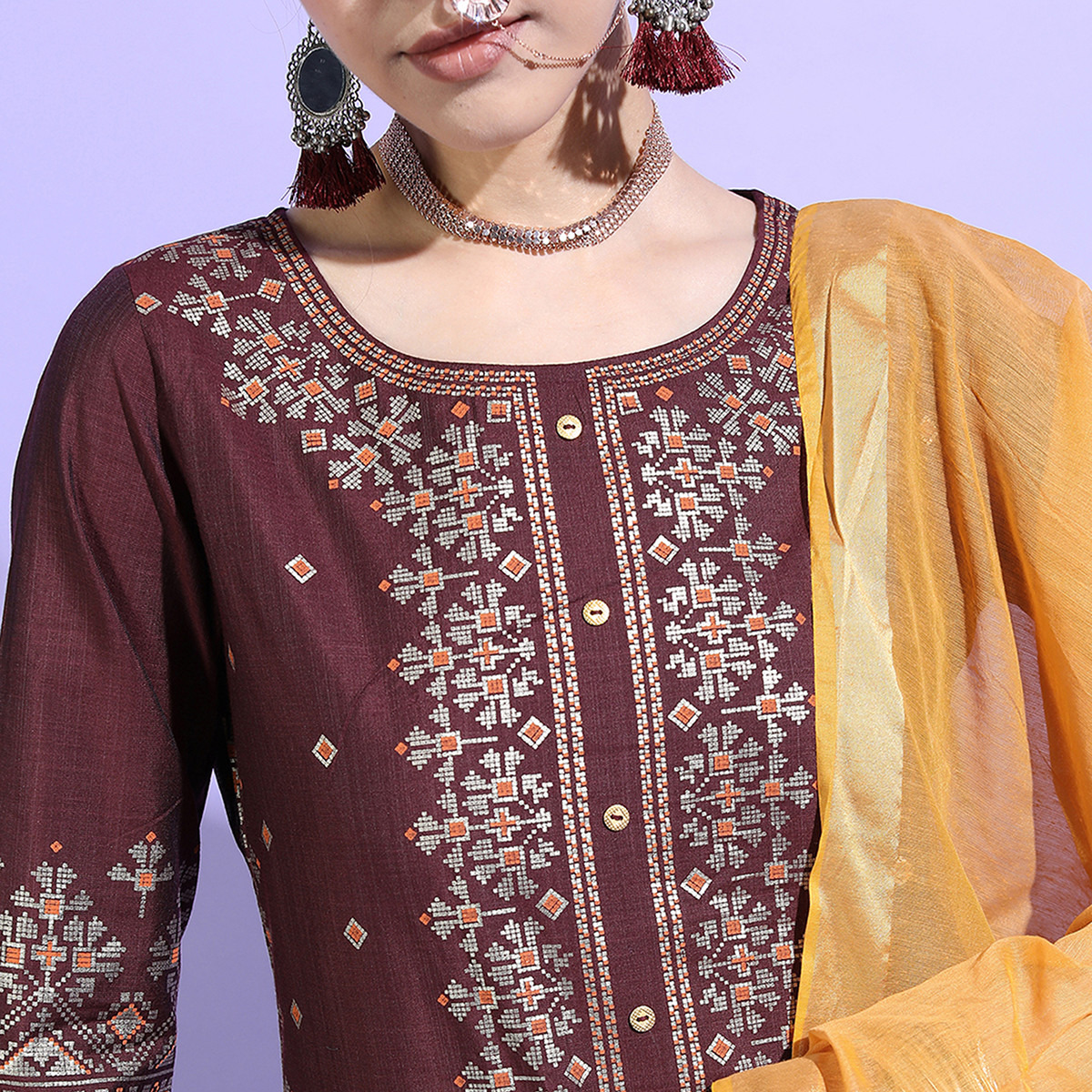 Set of 3 Vishudh Women Burgundy Printed Straight Kurta with Palazzo and Dupatta-women-clothing-ethnicwear-salwarsuits-image-4