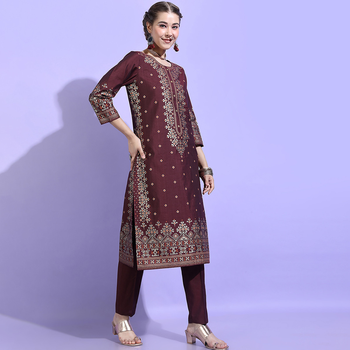 Set of 3 Vishudh Women Burgundy Printed Straight Kurta with Palazzo and Dupatta-women-clothing-ethnicwear-salwarsuits-image-5