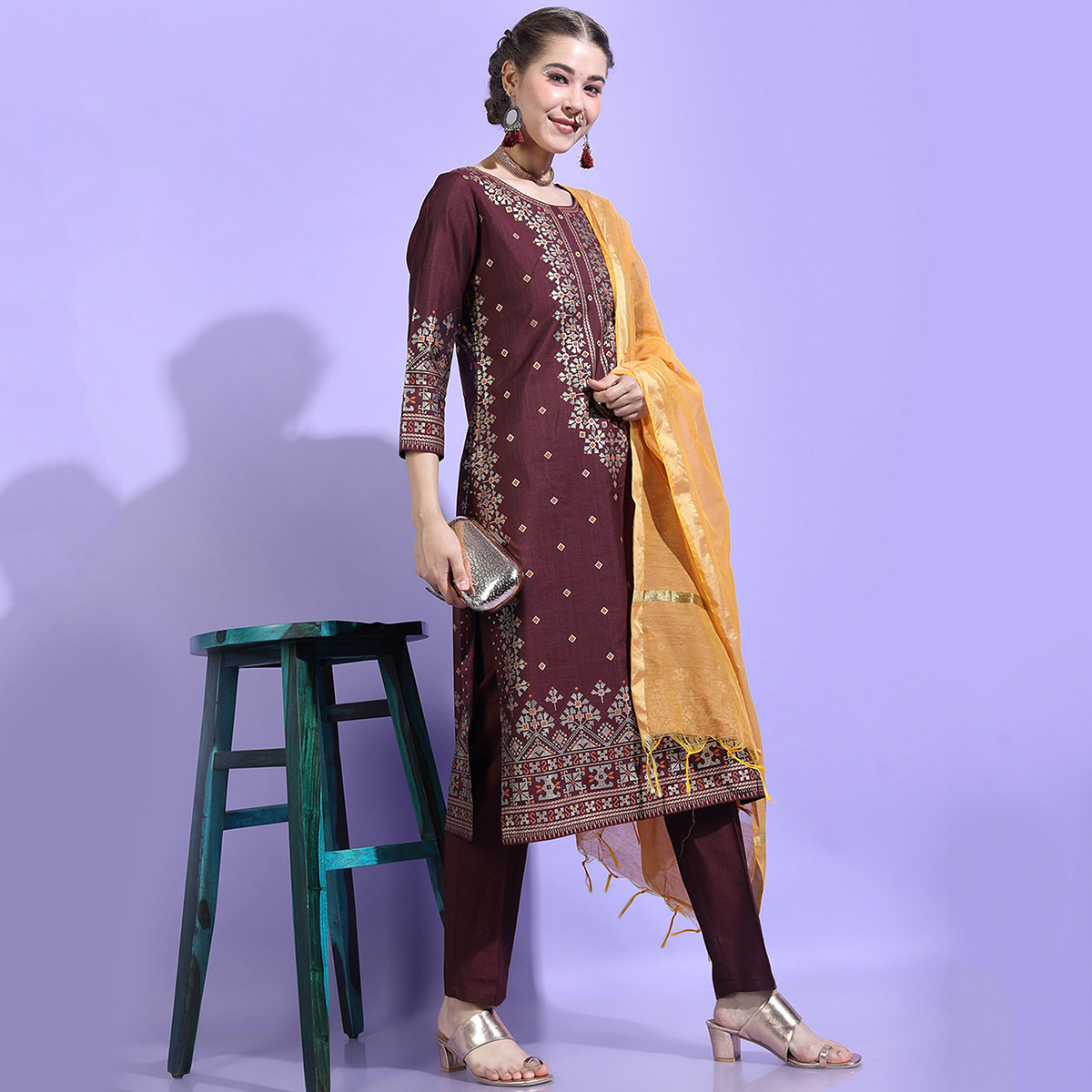Set of 3 Vishudh Women Burgundy Printed Straight Kurta with Palazzo and Dupatta-women-clothing-ethnicwear-salwarsuits-image-6