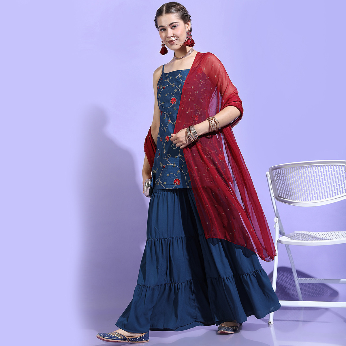 Set of 3 Vishudh Women Teal Embroidered Shoulder Strap Kurta with Palazzo and Dupatta-women-clothing-ethnicwear-salwarsuits-image-2