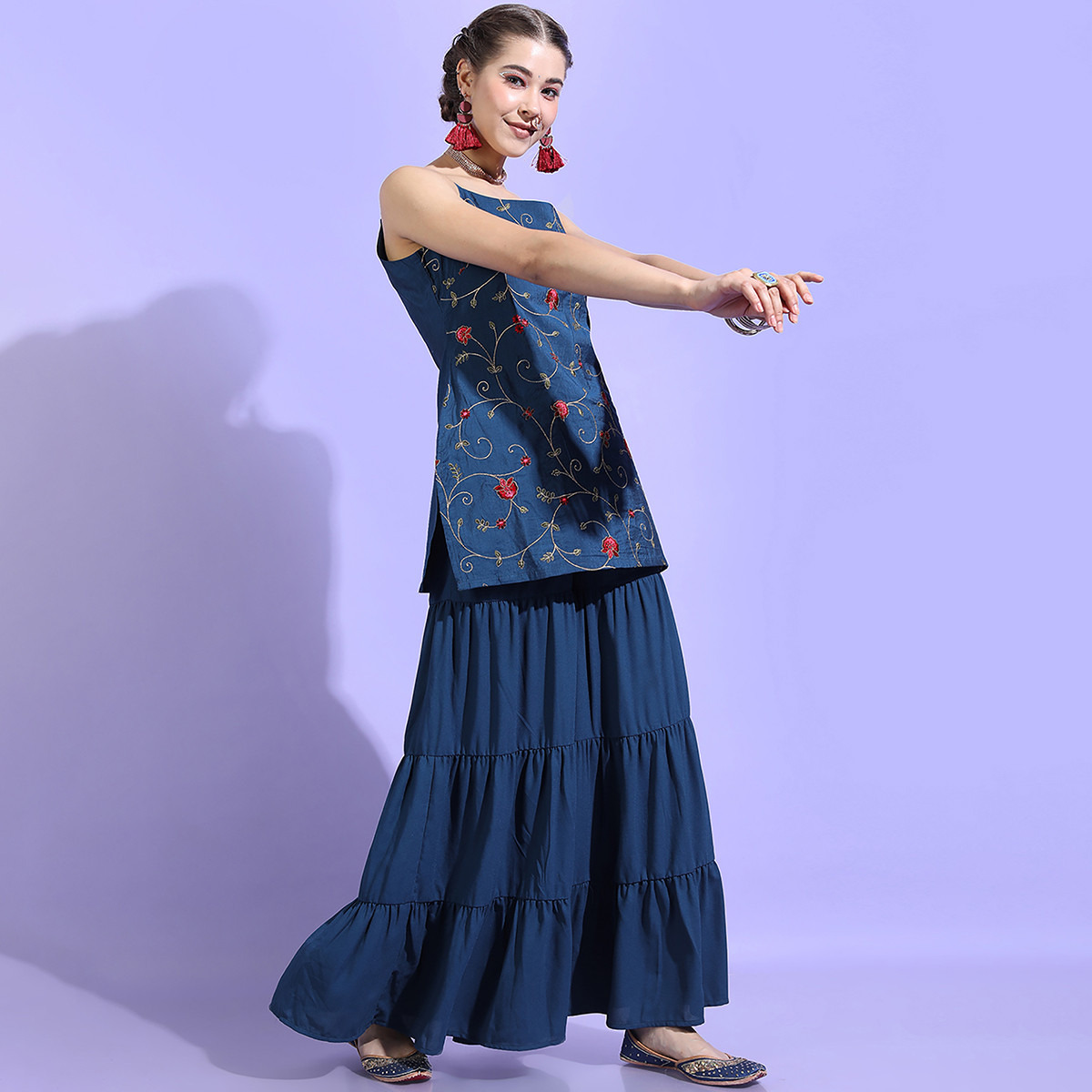 Set of 3 Vishudh Women Teal Embroidered Shoulder Strap Kurta with Palazzo and Dupatta-women-clothing-ethnicwear-salwarsuits-image-8