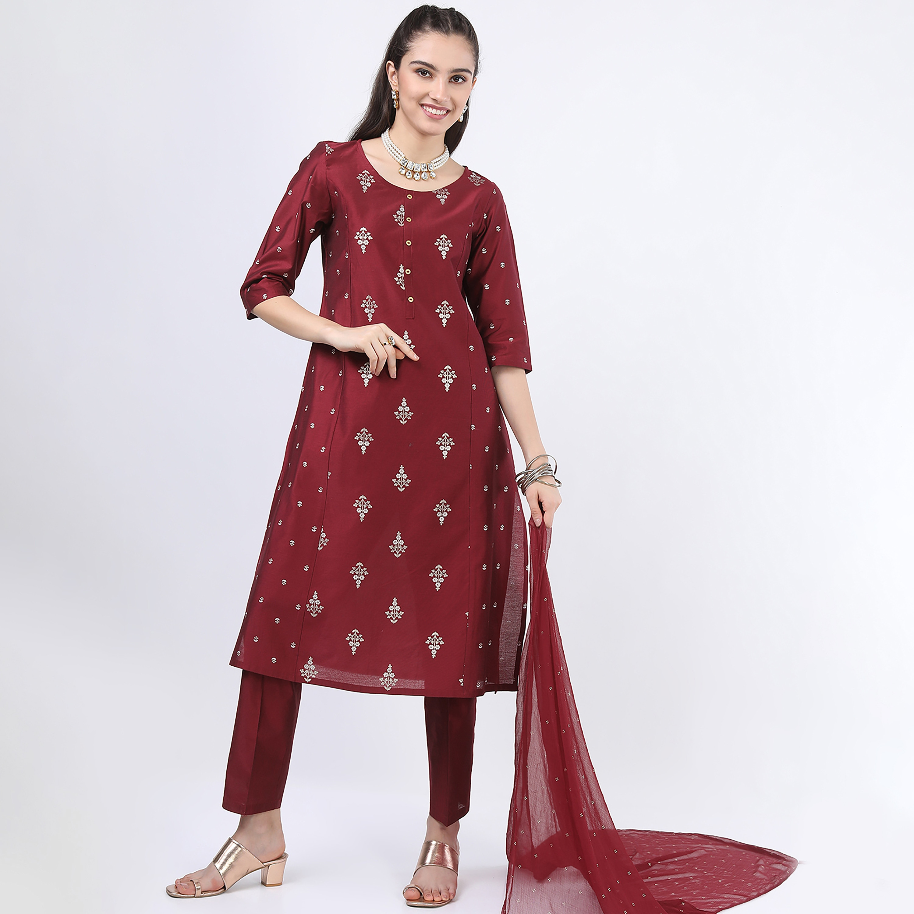 Set of 3 Vishudh Printed Round Neck A-Line Kurta with Plain Pants and Dupatta-women-clothing-ethnicwear-salwarsuits-image-1