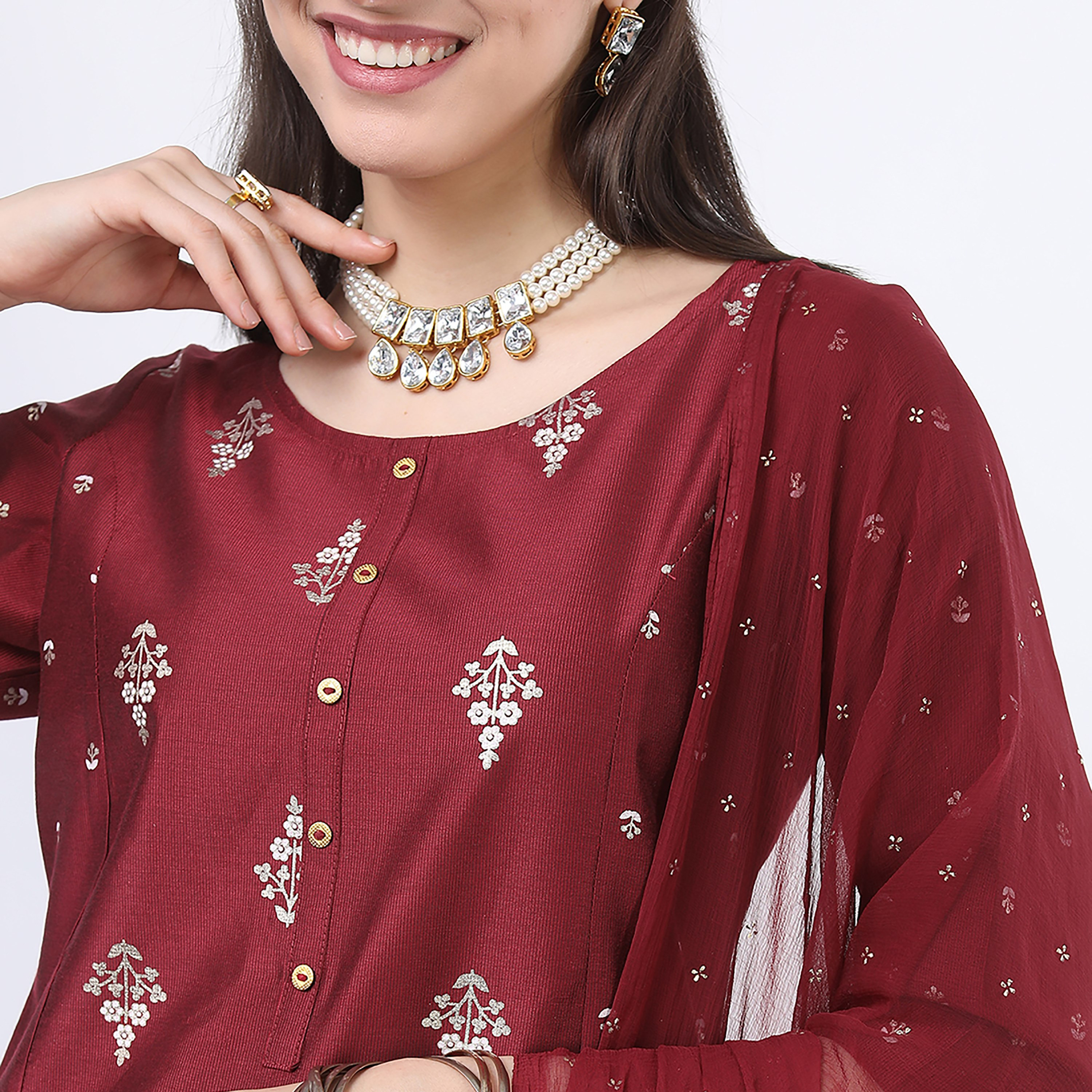 Set of 3 Vishudh Printed Round Neck A-Line Kurta with Plain Pants and Dupatta-women-clothing-ethnicwear-salwarsuits-image-2