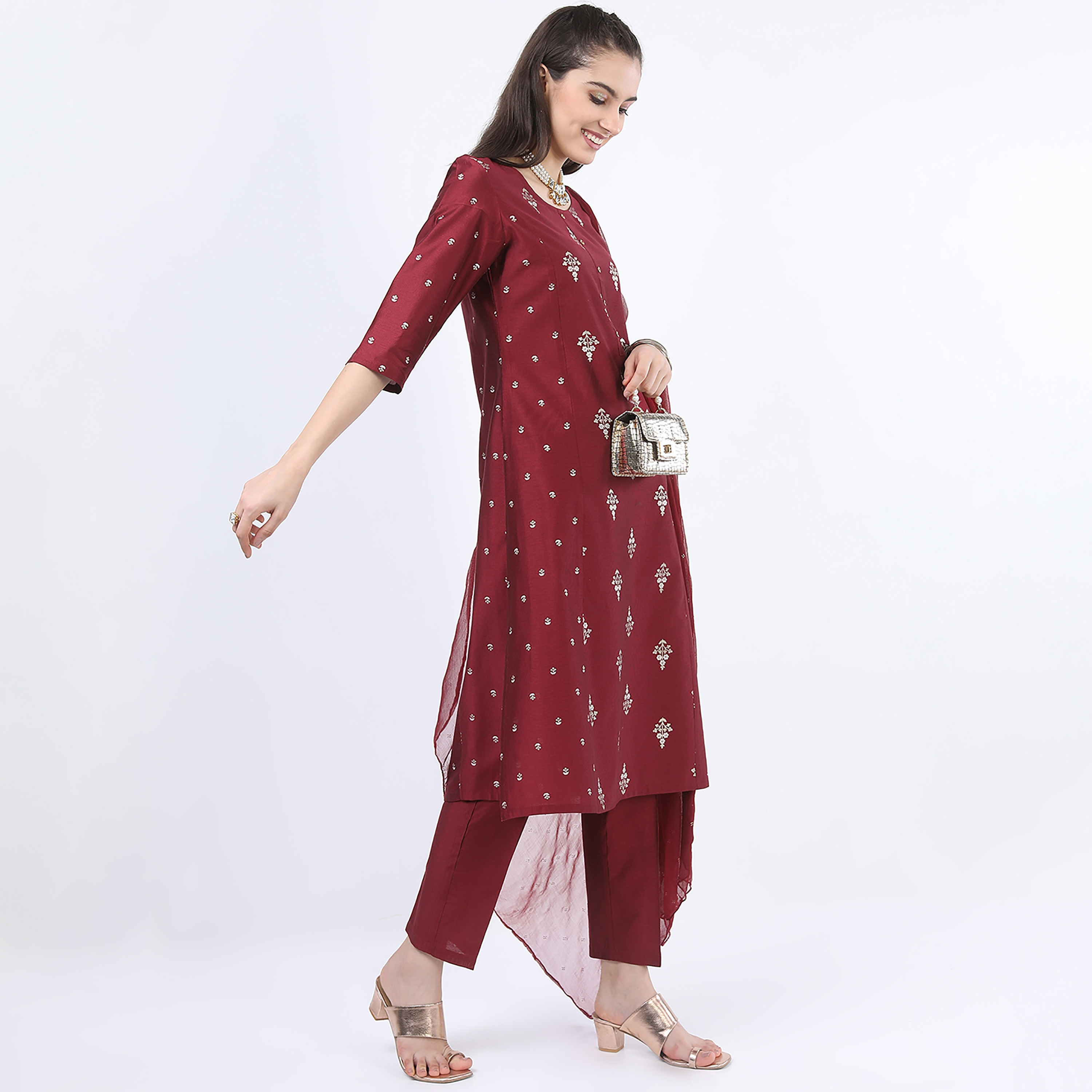 Set of 3 Vishudh Printed Round Neck A-Line Kurta with Plain Pants and Dupatta-women-clothing-ethnicwear-salwarsuits-image-4