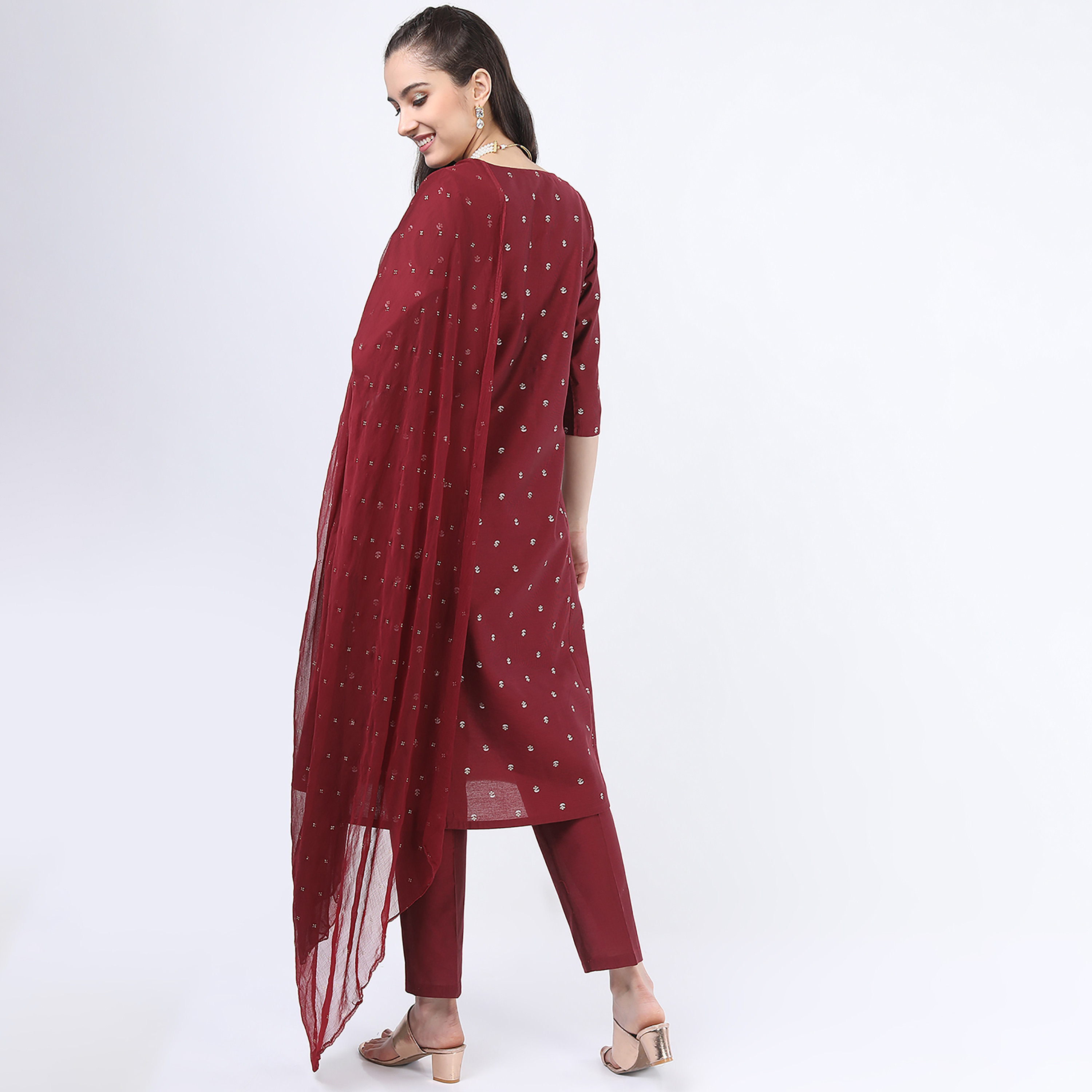 Set of 3 Vishudh Printed Round Neck A-Line Kurta with Plain Pants and Dupatta-women-clothing-ethnicwear-salwarsuits-image-5