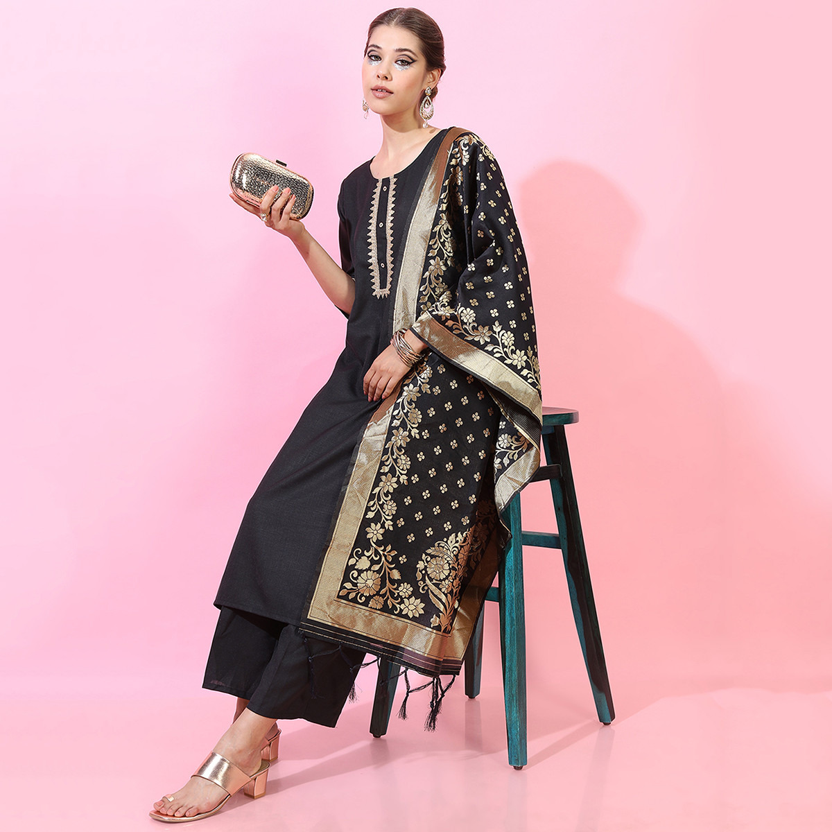 Set of 3 Vishudh Women Black Printed Round Neck Straight Kurta with Palazzo and Dupatta-women-clothing-ethnicwear-salwarsuits-image-1