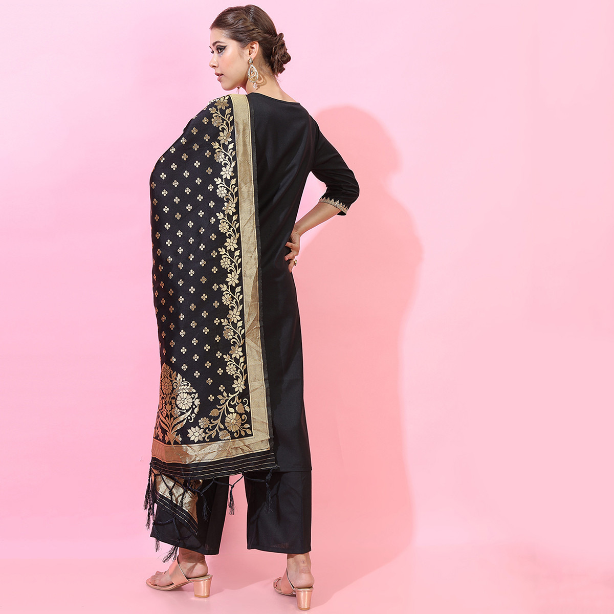 Set of 3 Vishudh Women Black Printed Round Neck Straight Kurta with Palazzo and Dupatta-women-clothing-ethnicwear-salwarsuits-image-3