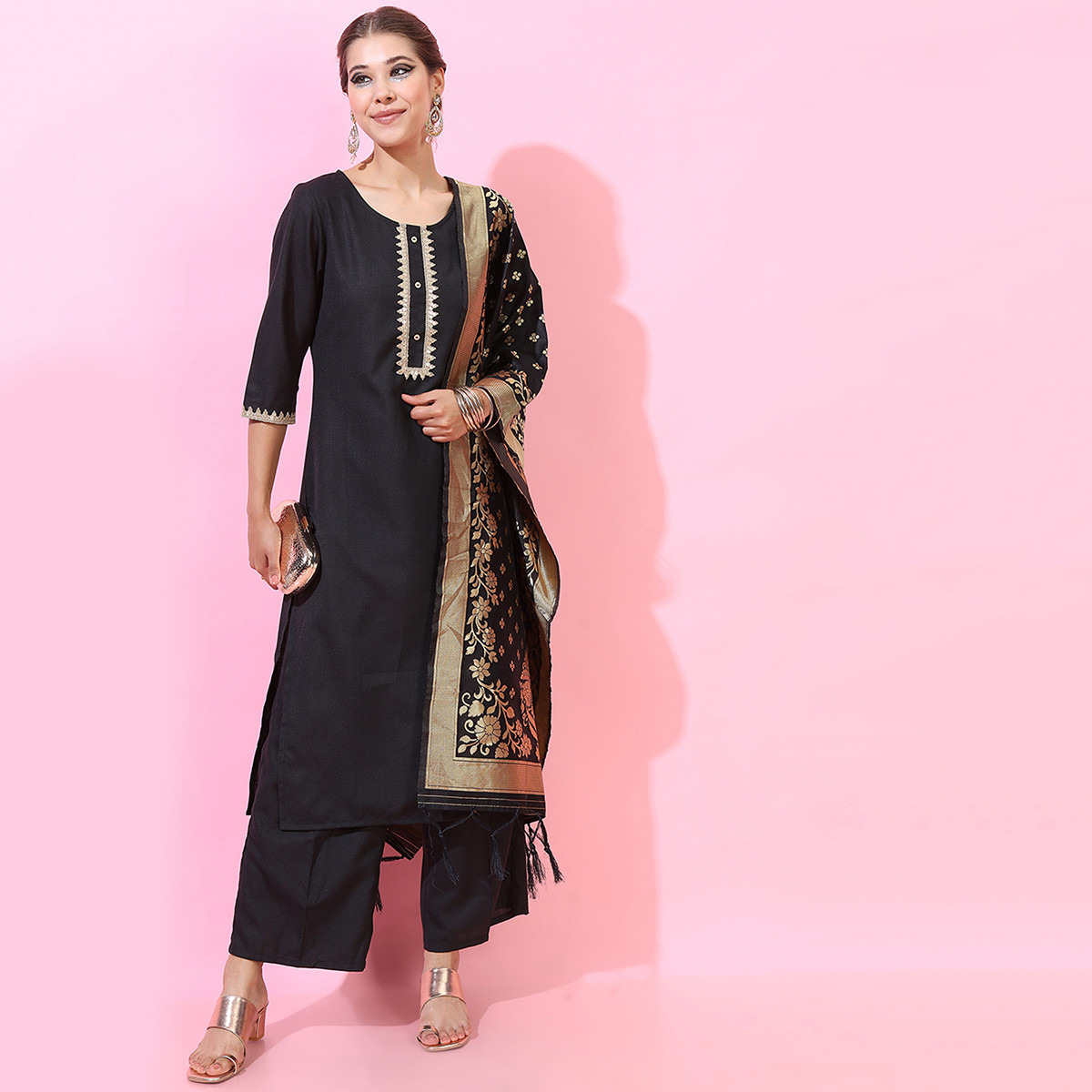 Set of 3 Vishudh Women Black Printed Round Neck Straight Kurta with Palazzo and Dupatta-women-clothing-ethnicwear-salwarsuits-image-5