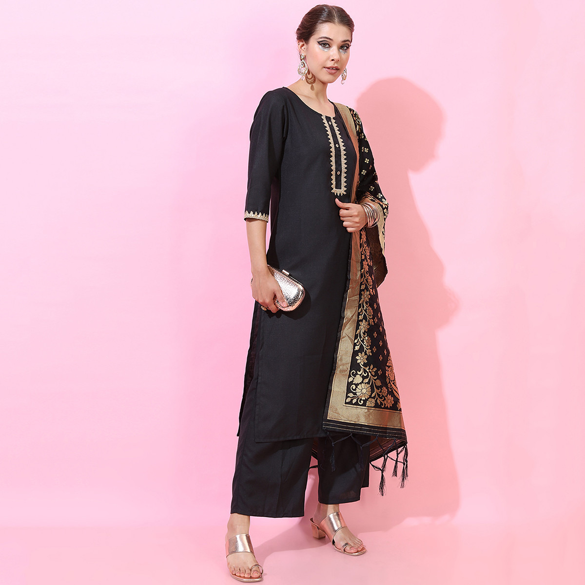 Set of 3 Vishudh Women Black Printed Round Neck Straight Kurta with Palazzo and Dupatta-women-clothing-ethnicwear-salwarsuits-image-6