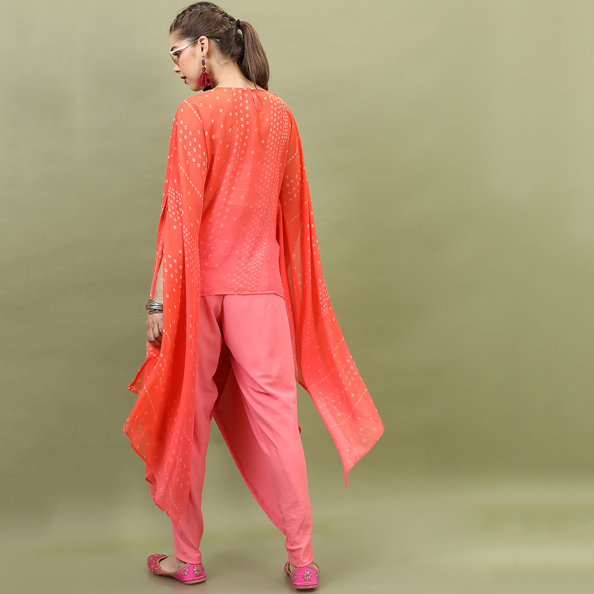 Set of 2 Vishudh Women Orange Embroidered Kaftan Kurta with Dhoti Pants-women-clothing-ethnicwear-salwarsuits-image-3