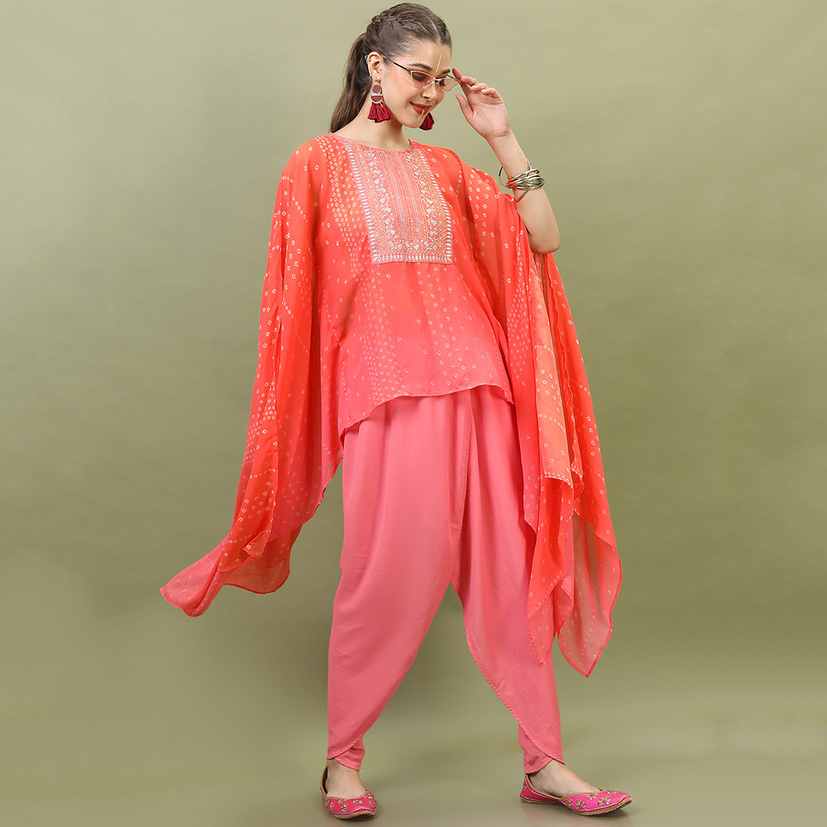Set of 2 Vishudh Women Orange Embroidered Kaftan Kurta with Dhoti Pants-women-clothing-ethnicwear-salwarsuits-image-5