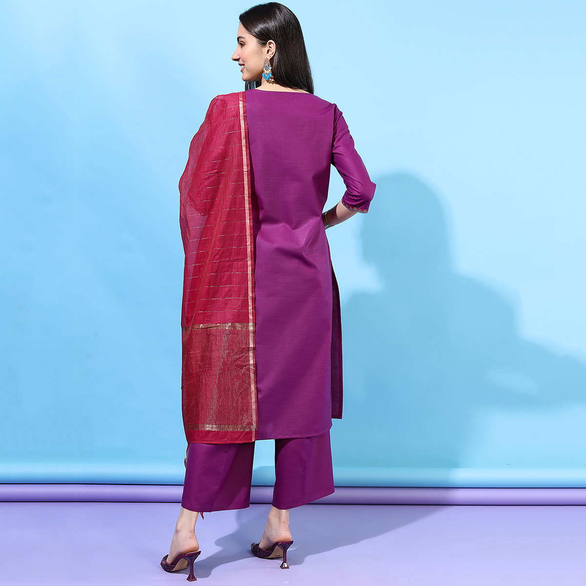 Set of 3 Vishudh Women Magenta Embroidered Round Neck Kurta and Palazzo with Dupatta-women-clothing-ethnicwear-salwarsuits-image-3