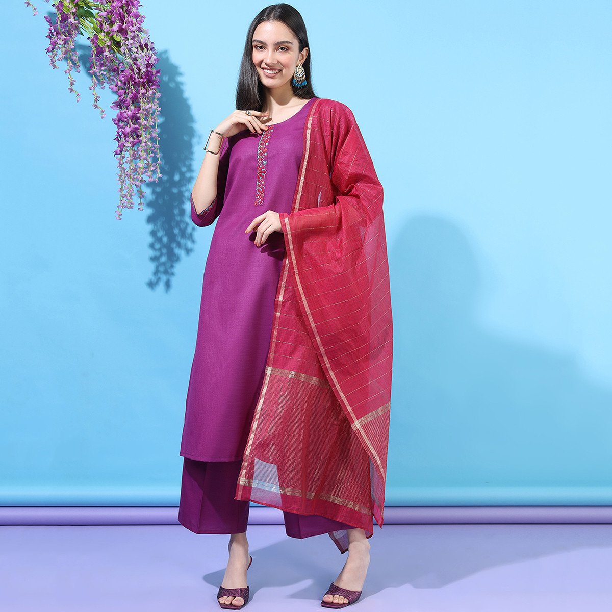 Set of 3 Vishudh Women Magenta Embroidered Round Neck Kurta and Palazzo with Dupatta-women-clothing-ethnicwear-salwarsuits-image-5
