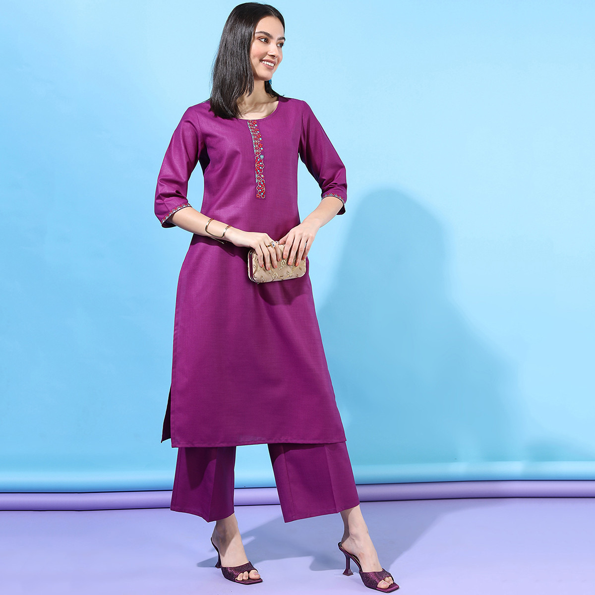 Set of 3 Vishudh Women Magenta Embroidered Round Neck Kurta and Palazzo with Dupatta-women-clothing-ethnicwear-salwarsuits-image-9
