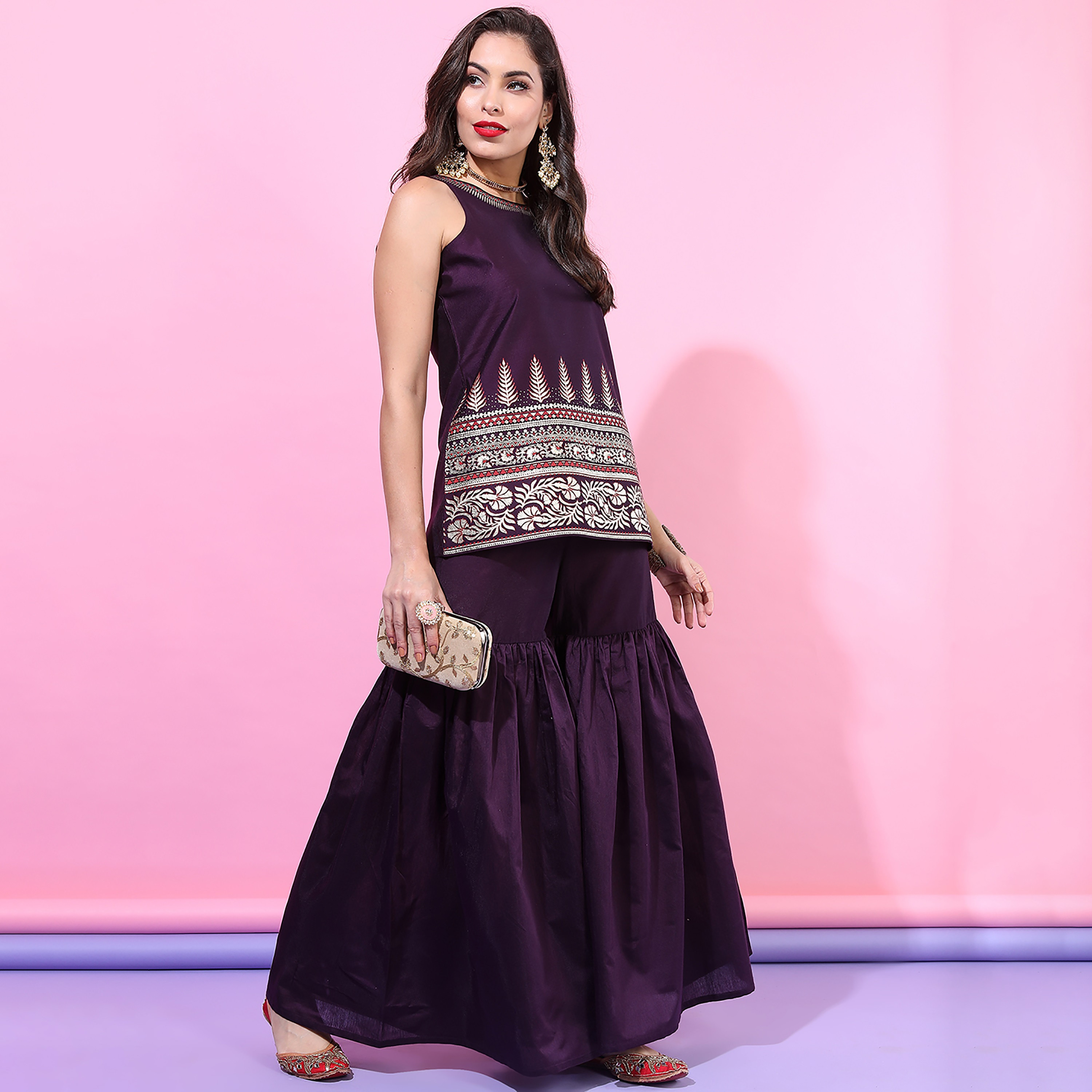 مجموعة من 3 قطعات كورتا قصيرة برقبة دائرية مطبوعة مع شرارة ودوباتا من فيشوده -women-clothing-ethnicwear-salwarsuits-image-4