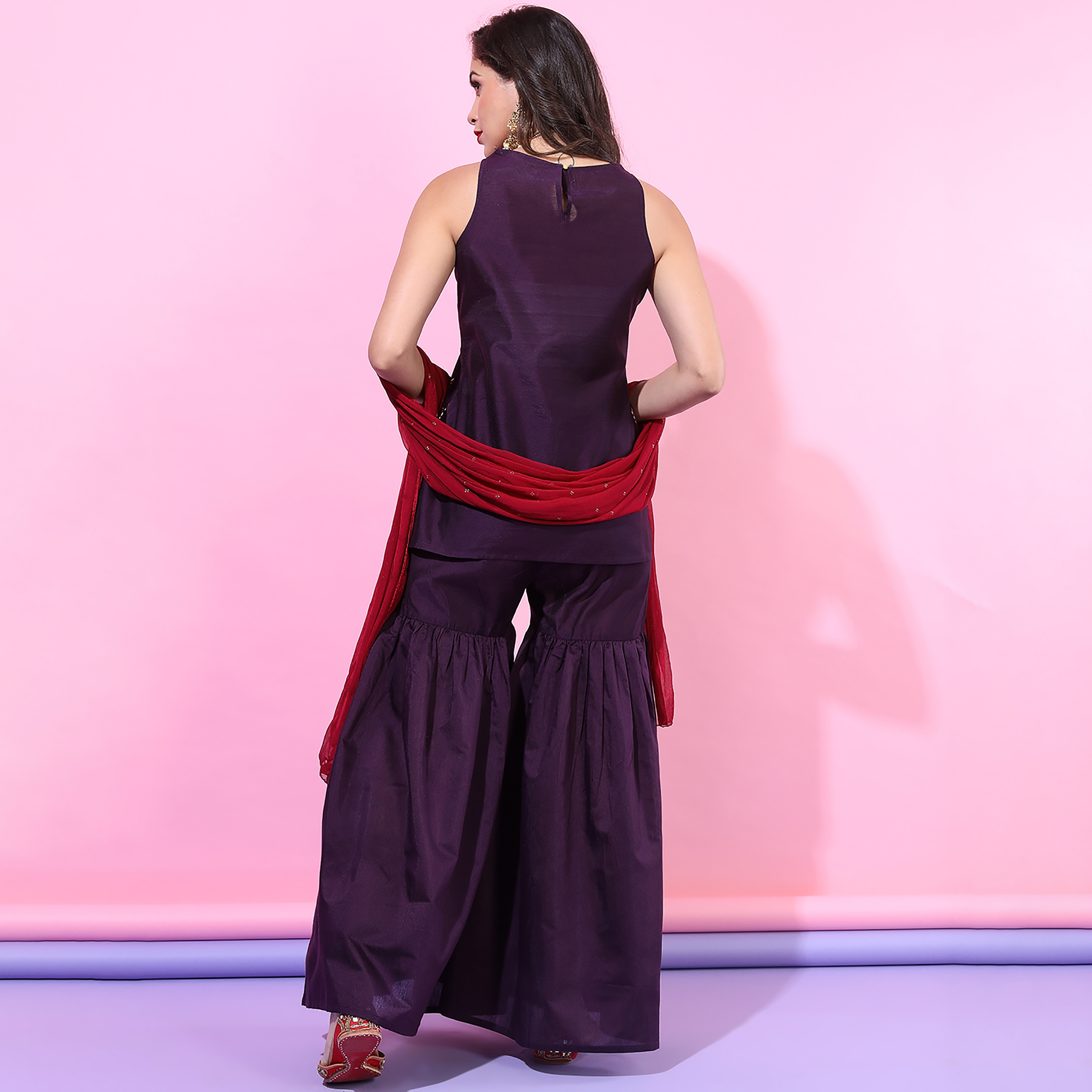 مجموعة من 3 قطعات كورتا قصيرة برقبة دائرية مطبوعة مع شرارة ودوباتا من فيشوده -women-clothing-ethnicwear-salwarsuits-image-5