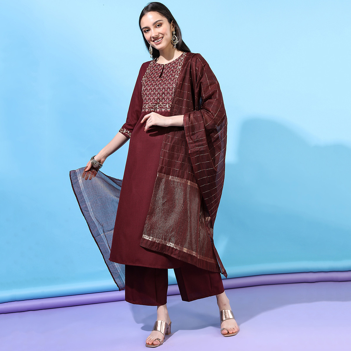 Set of 3 Vishudh Women Burgundy Embroidered Keyhole Neck Kurta with Palazzo and Dupatta-women-clothing-ethnicwear-salwarsuits-image-1