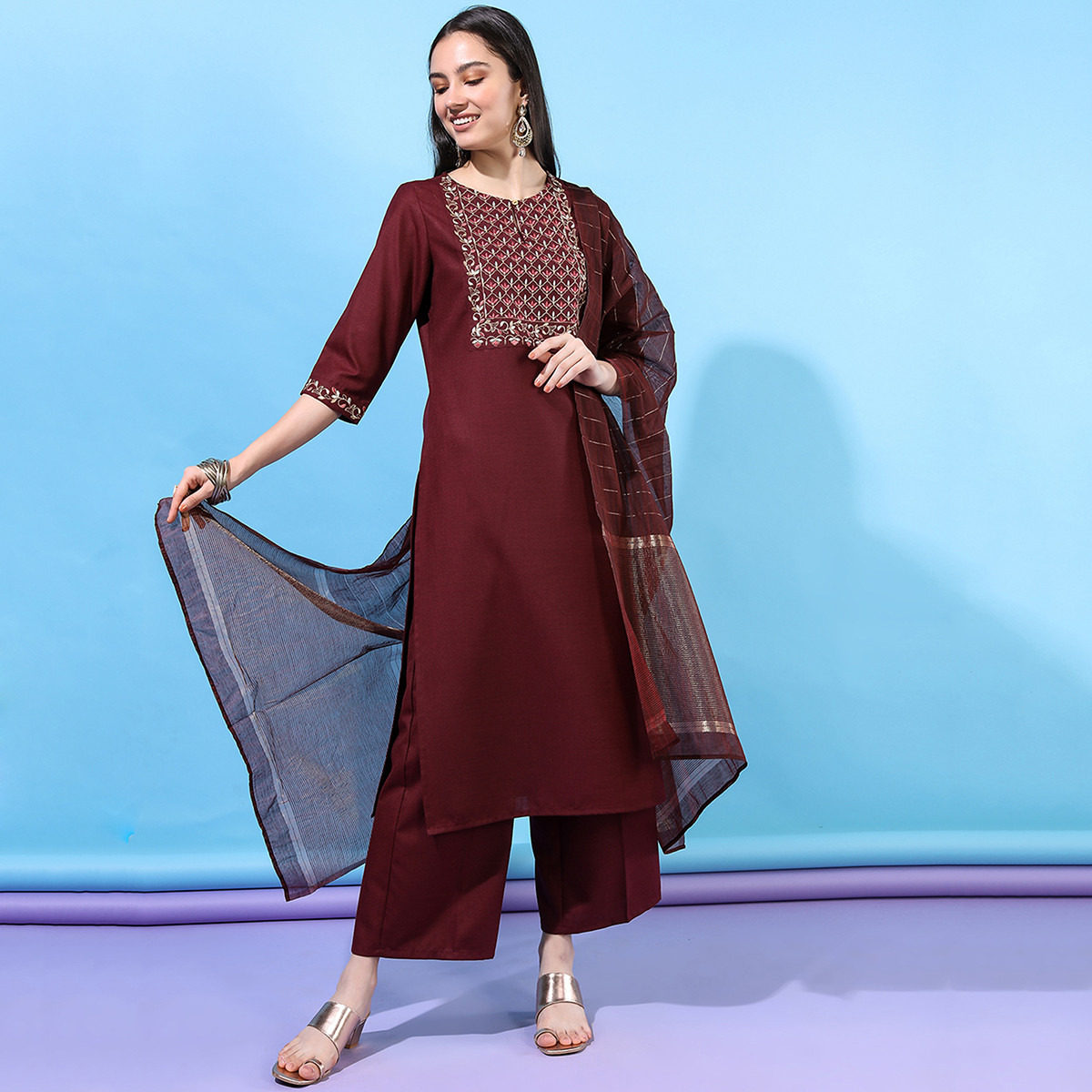 Set of 3 Vishudh Women Burgundy Embroidered Keyhole Neck Kurta with Palazzo and Dupatta-women-clothing-ethnicwear-salwarsuits-image-2