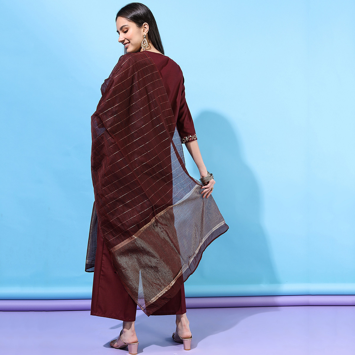 Set of 3 Vishudh Women Burgundy Embroidered Keyhole Neck Kurta with Palazzo and Dupatta-women-clothing-ethnicwear-salwarsuits-image-3
