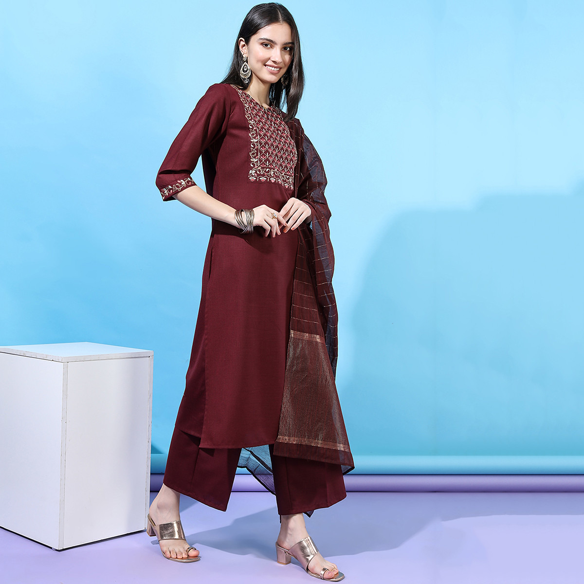 Set of 3 Vishudh Women Burgundy Embroidered Keyhole Neck Kurta with Palazzo and Dupatta-women-clothing-ethnicwear-salwarsuits-image-5
